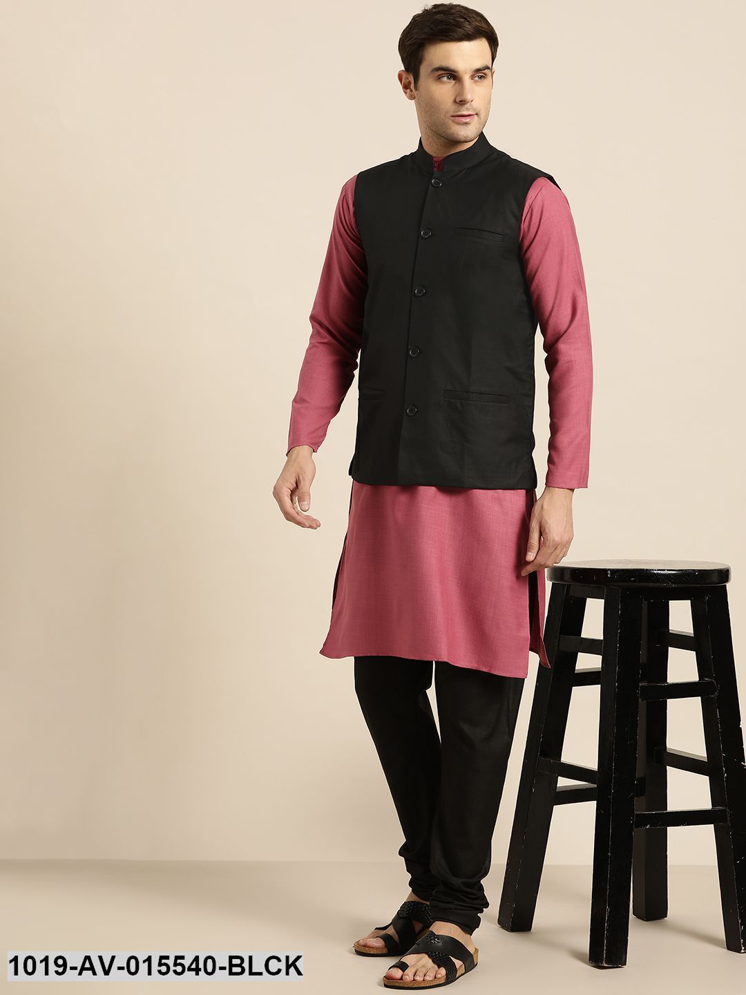 Men's Cotton Blend Black Solid Nehru Jacket