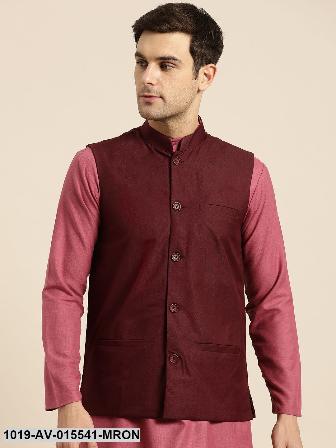 Men's Cotton Blend Maroon Solid Nehru Jacket