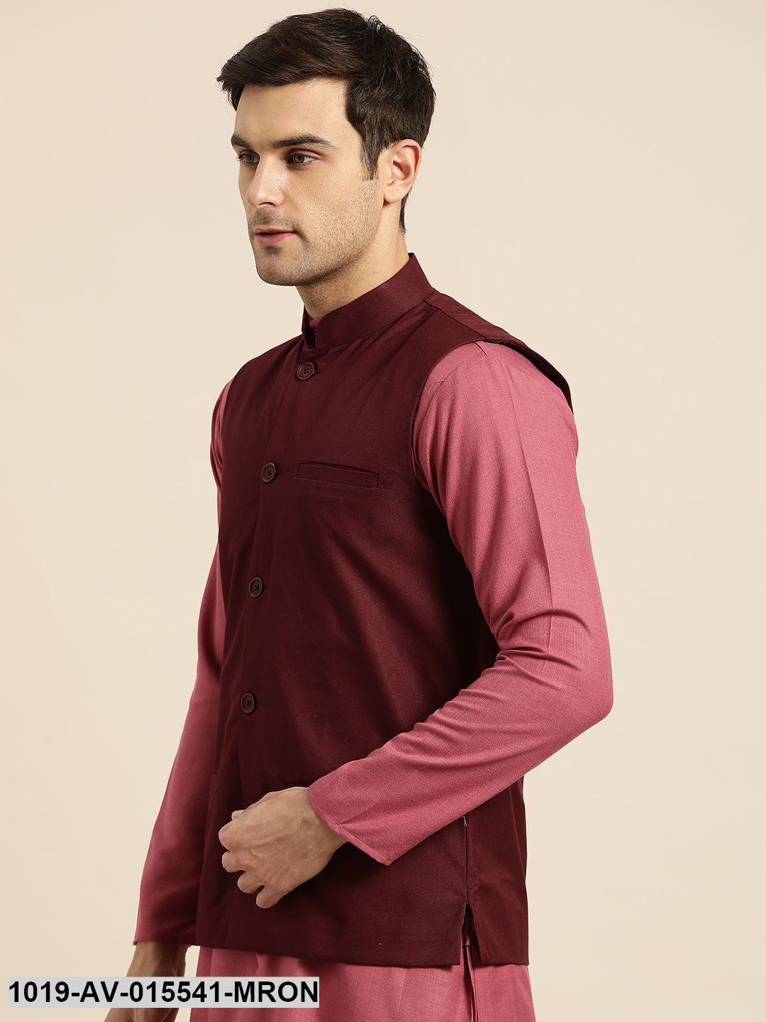 Men's Cotton Blend Maroon Solid Nehru Jacket