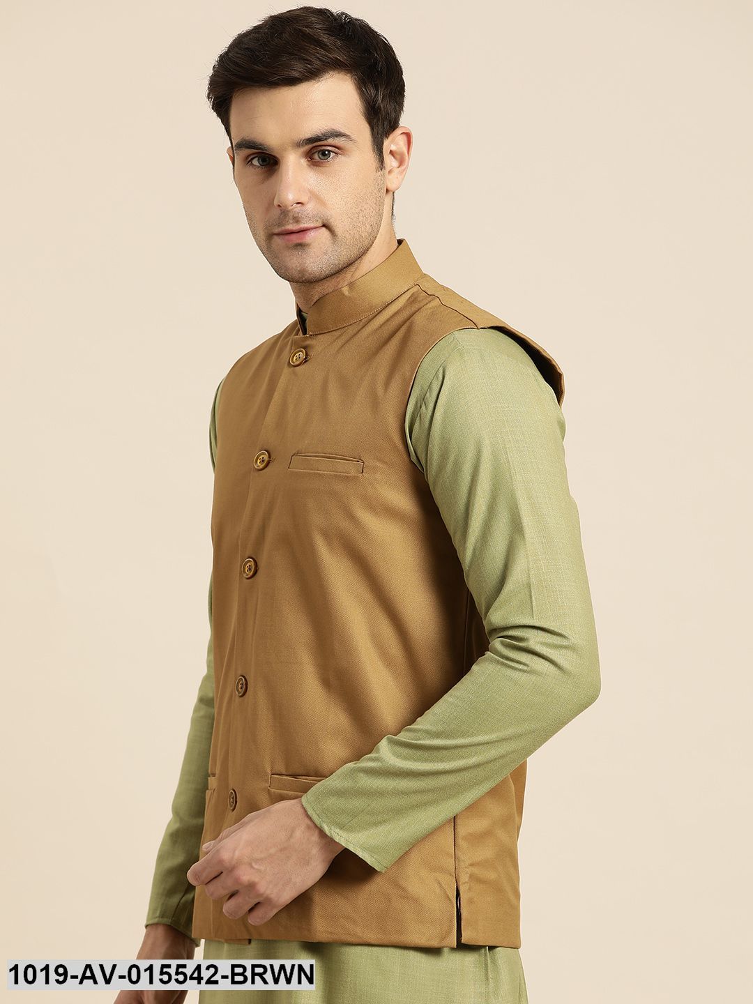 Men's Cotton Blend Brown Solid Nehru Jacket - Sojanya