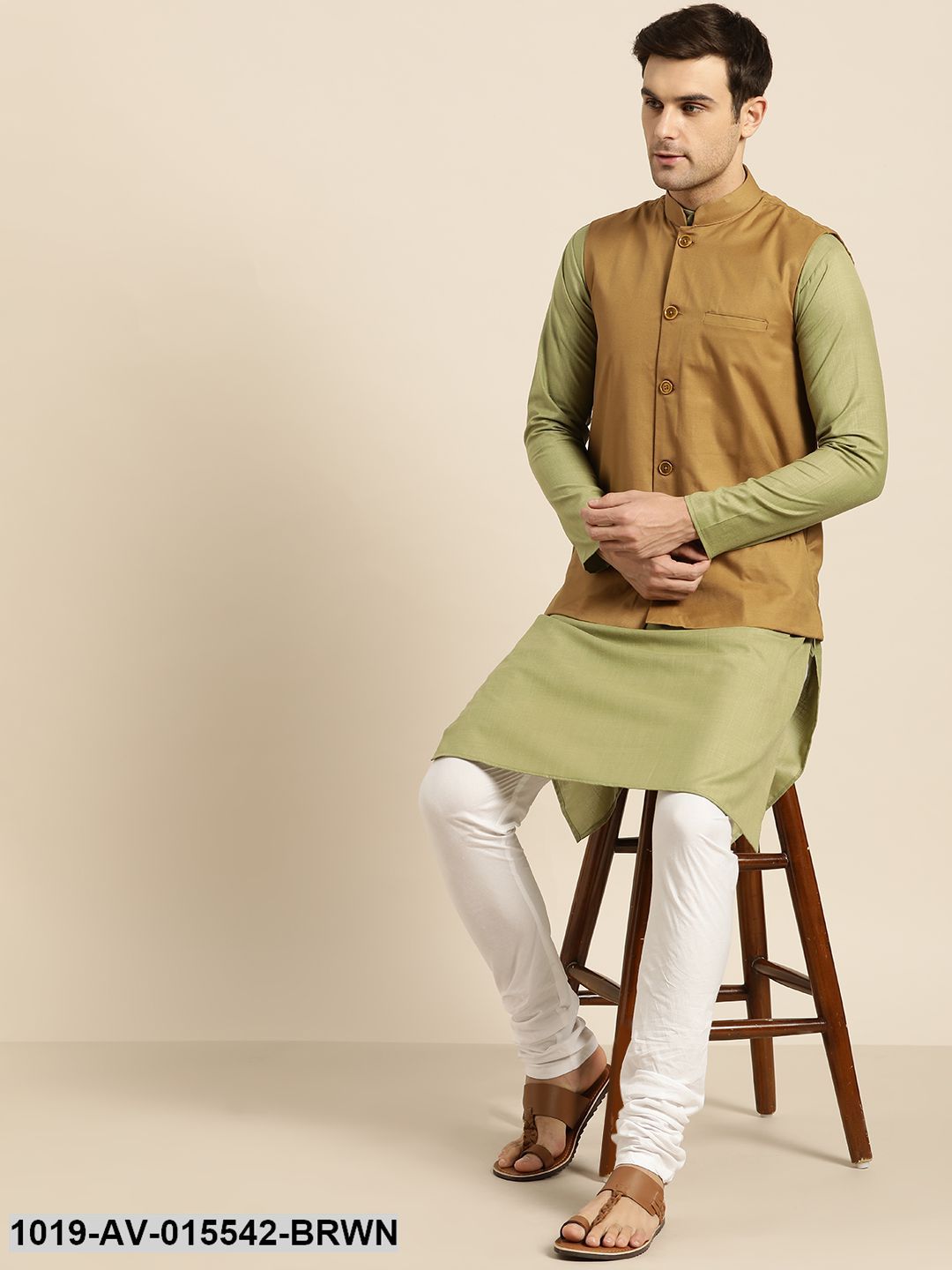 Men's Cotton Blend Brown Solid Nehru Jacket - Sojanya