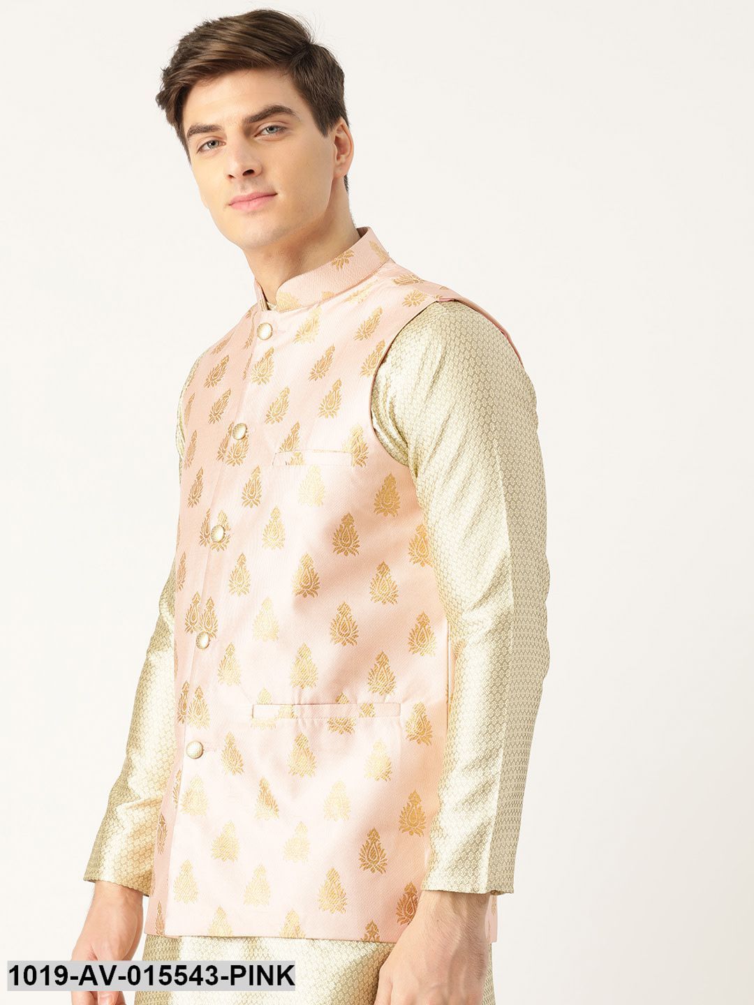 Men's Silk Blend Pink & Gold Self Design Nehru Jacket - Sojanya