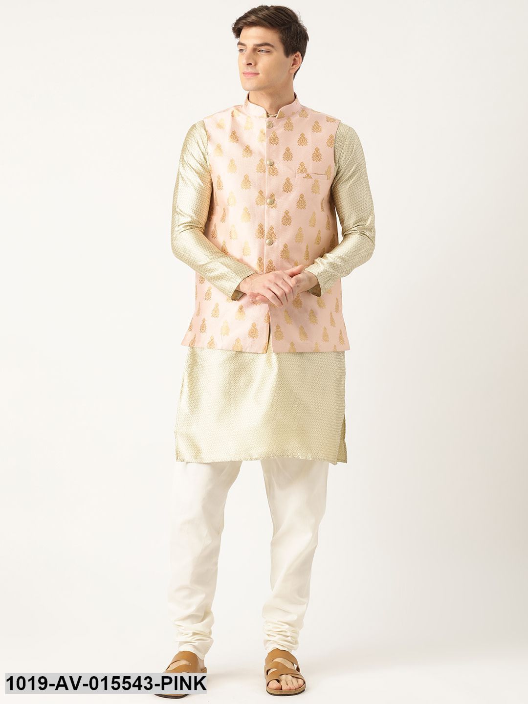 Men's Silk Blend Pink & Gold Self Design Nehru Jacket - Sojanya