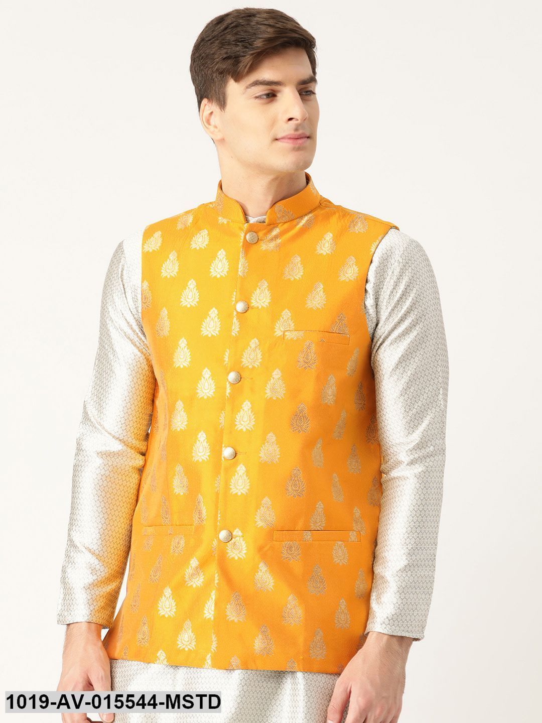 Buy Men's Silk Blend Mustard & Gold Self Design Nehru Jacket - Sojanya  Online at Best Price | Trendia