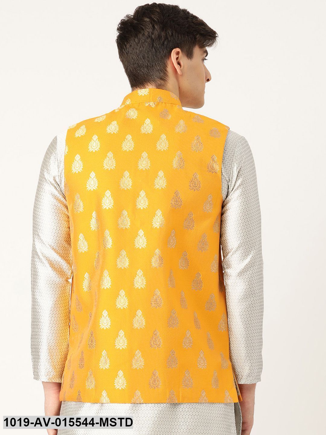 Men's Silk Blend Mustard & Gold Self Design Nehru Jacket - Sojanya