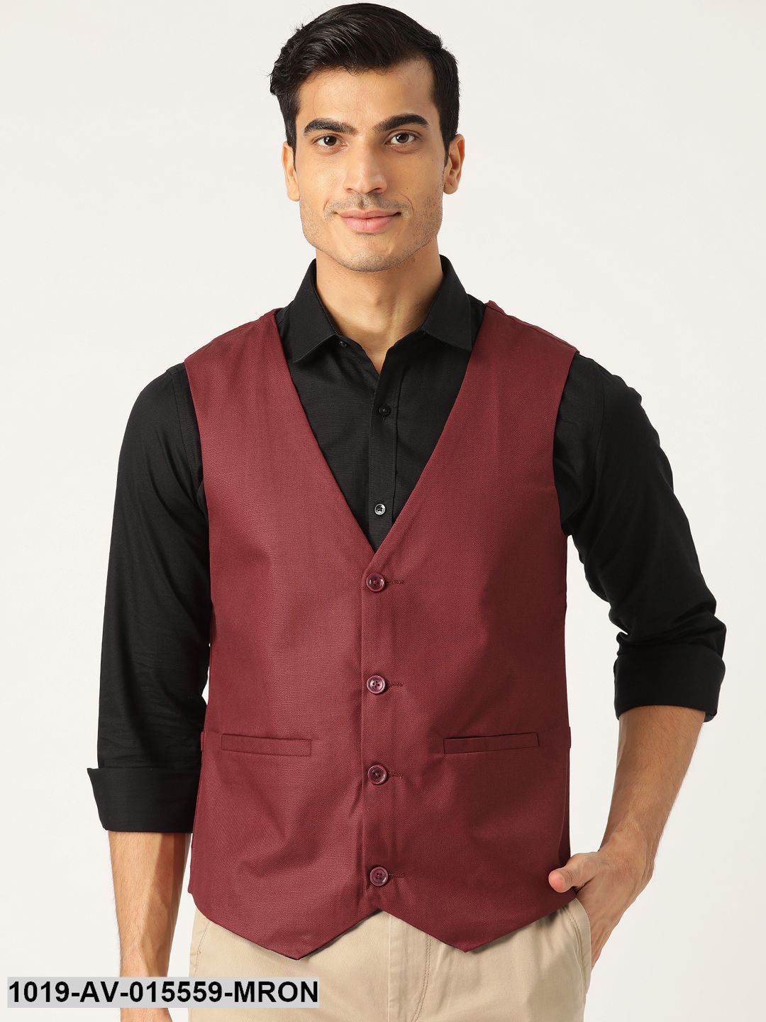 Men's Cotton Blend Maroon Solid Waistcoat