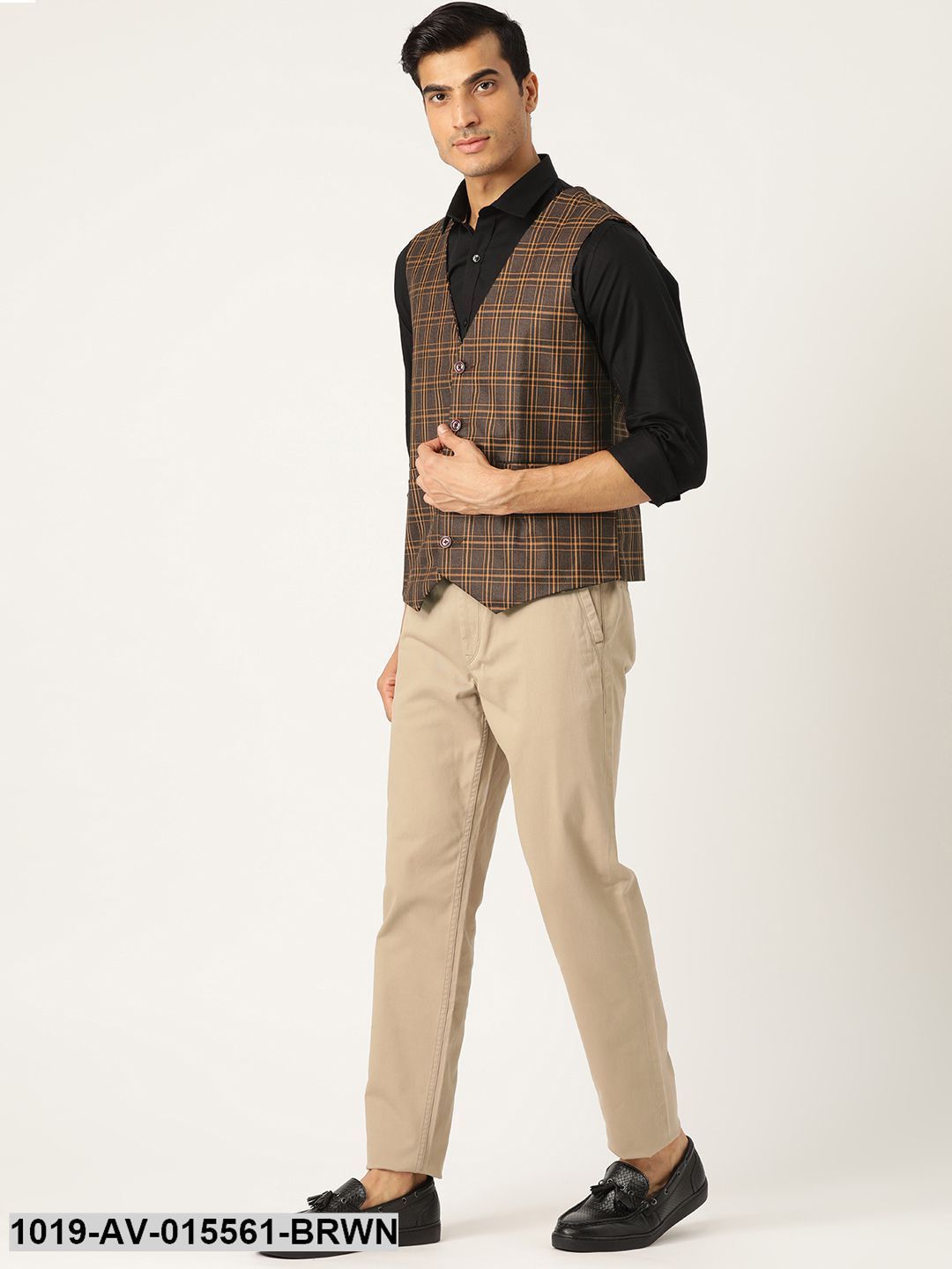 Men's Cotton Blend Dark Brown & Mustard Checked Waistcoat