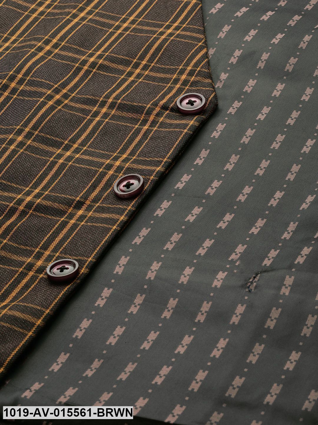 Men's Cotton Blend Dark Brown & Mustard Checked Waistcoat