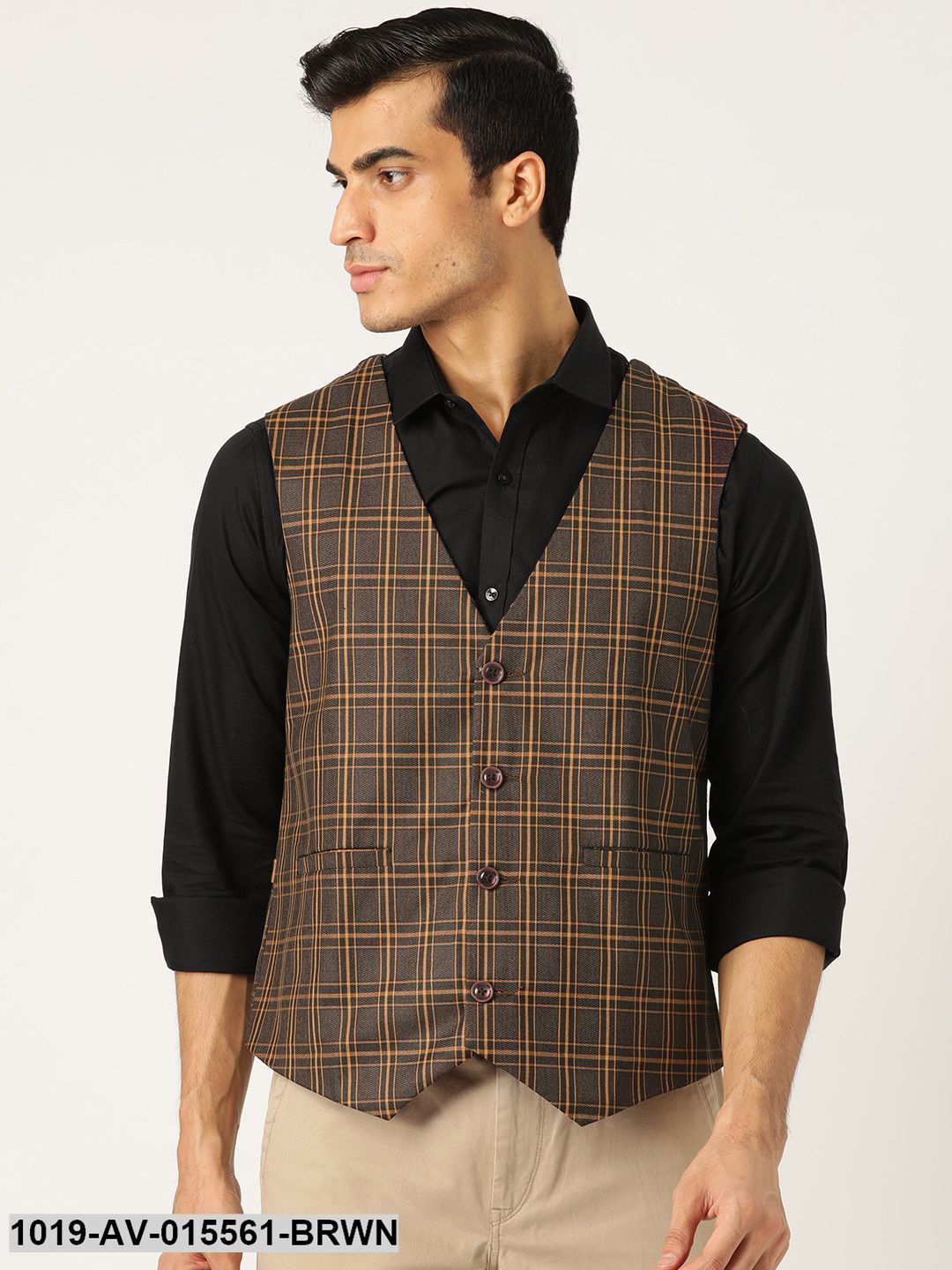 Men's Cotton Blend Dark Brown & Mustard Checked Waistcoat