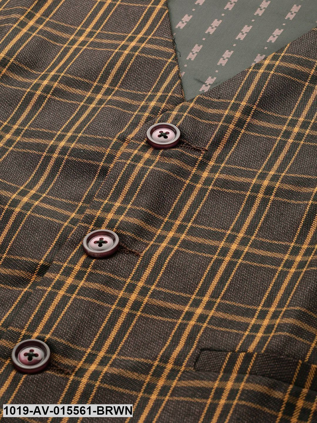 Men's Cotton Blend Dark Brown & Mustard Checked Waistcoat