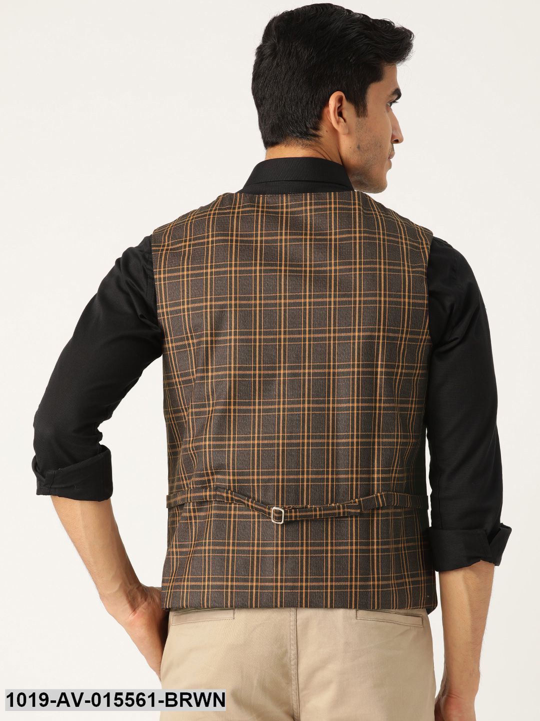 Men's Cotton Blend Dark Brown & Mustard Checked Waistcoat