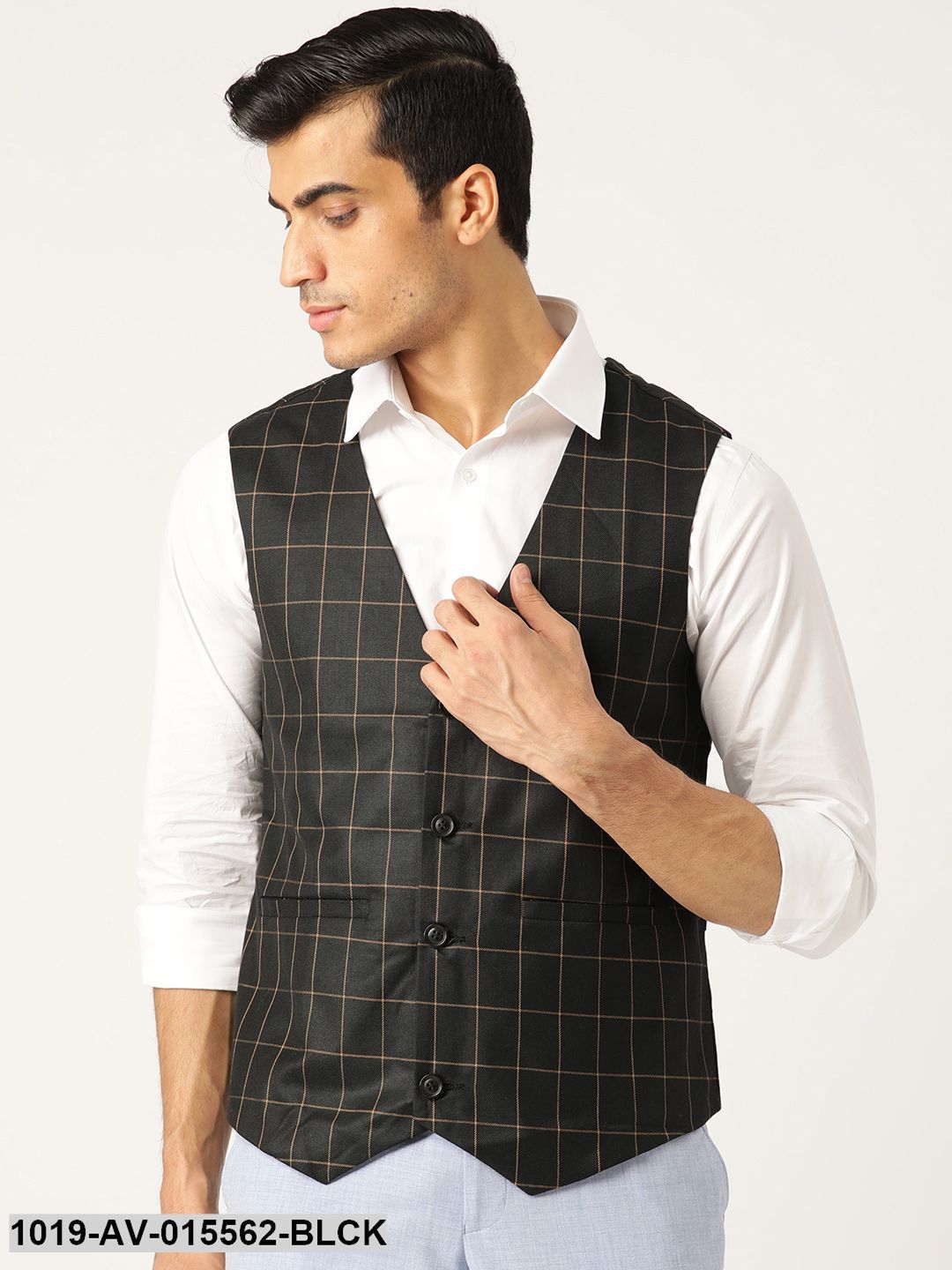 Men's Cotton Blend Black & Mustard Checked Waistcoat