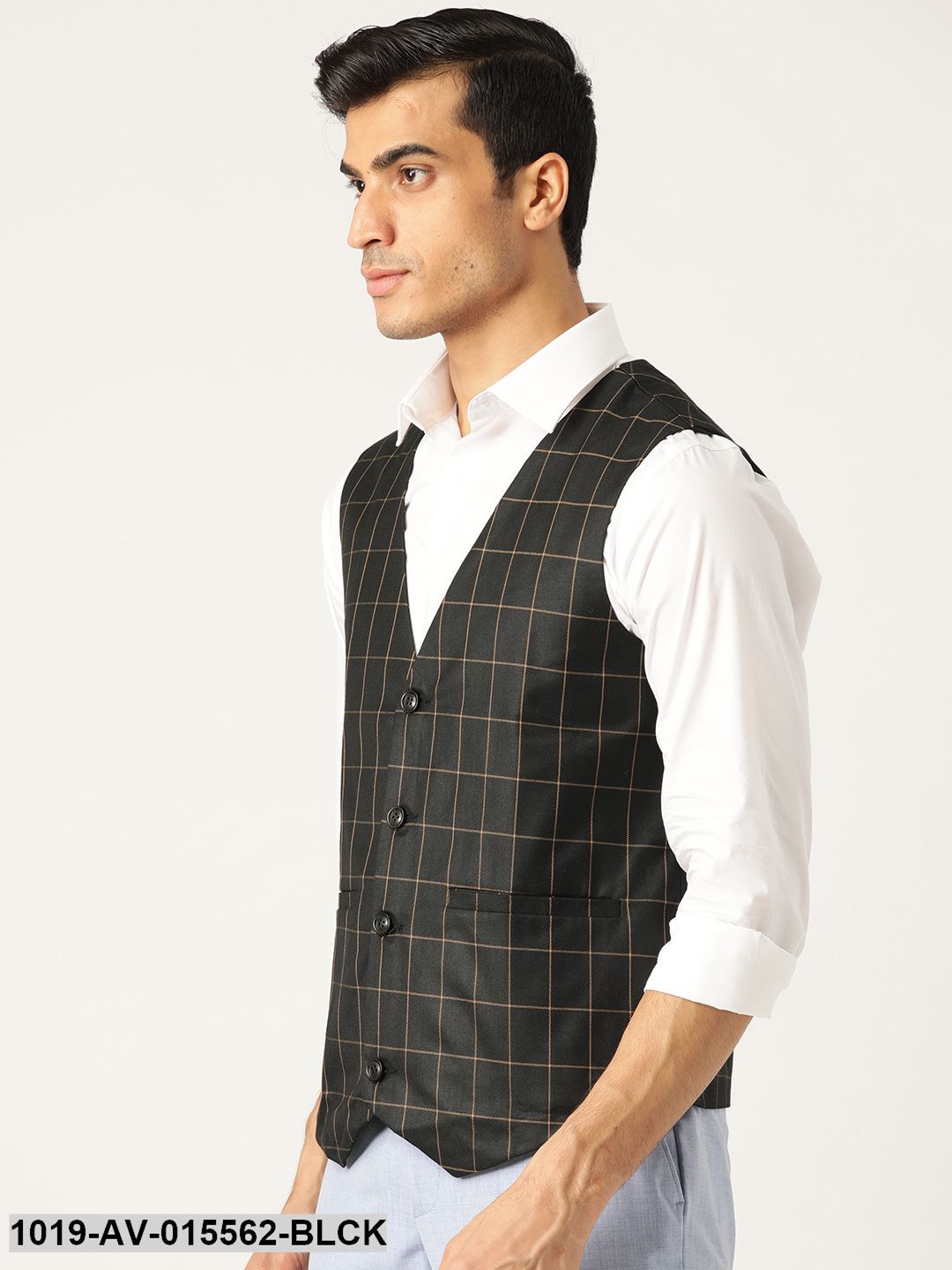 Men's Cotton Blend Black & Mustard Checked Waistcoat