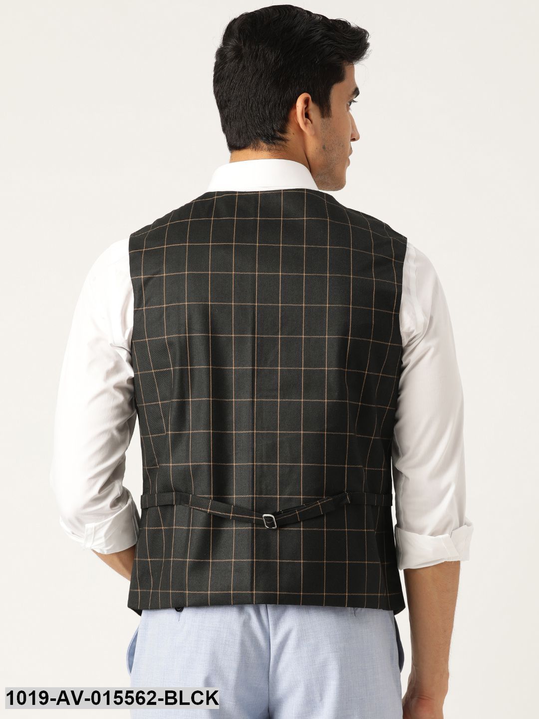 Men's Cotton Blend Black & Mustard Checked Waistcoat