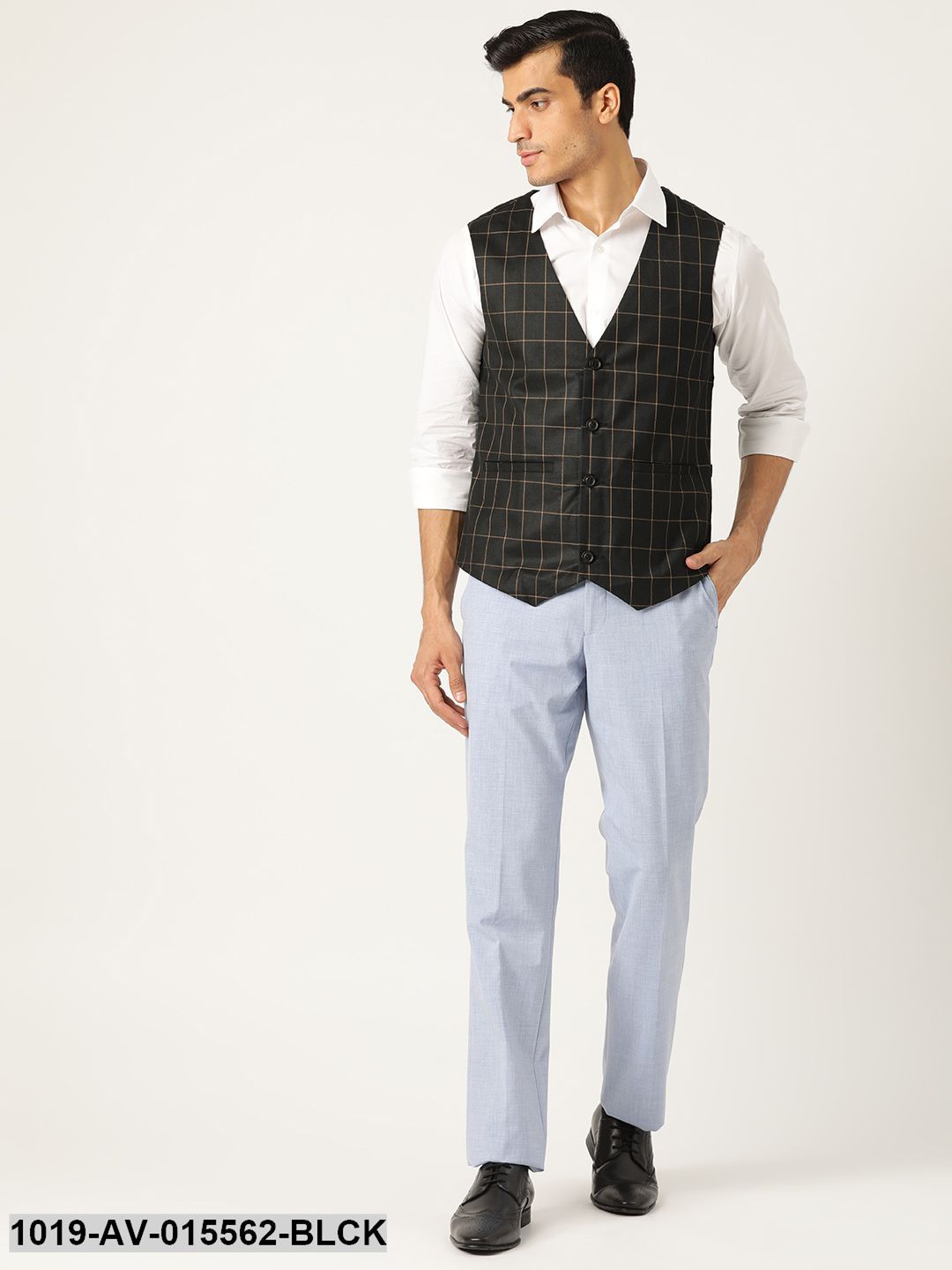 Men's Cotton Blend Black & Mustard Checked Waistcoat