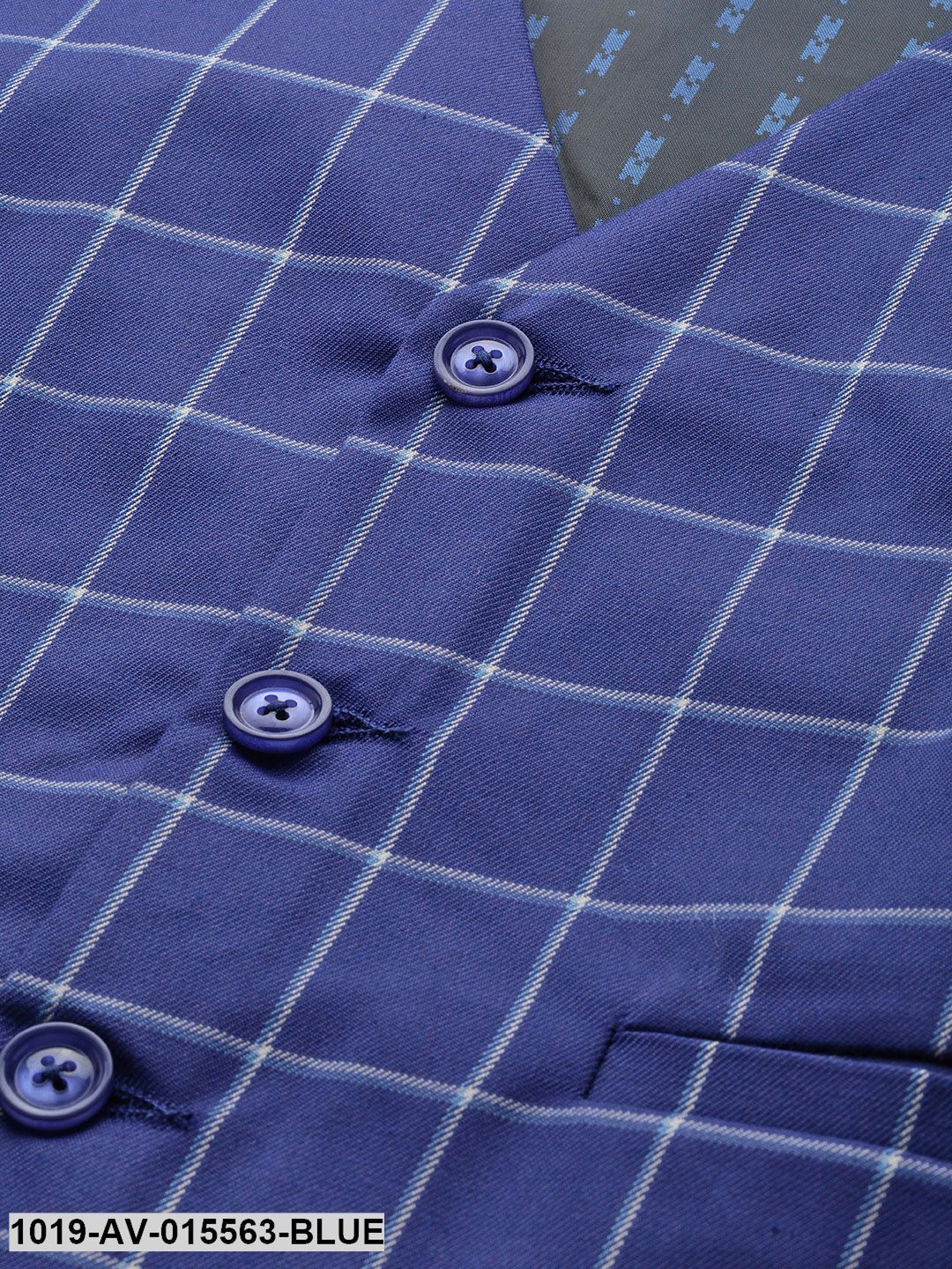 Men's Cotton Blend Royal Blue & Off-white Checked Waistcoat - Sojanya