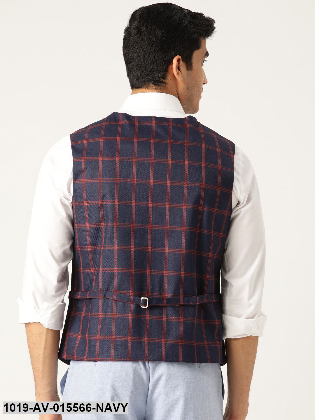 Men's Cotton Blend Navy Blue & Red Checked Waistcoat - Sojanya
