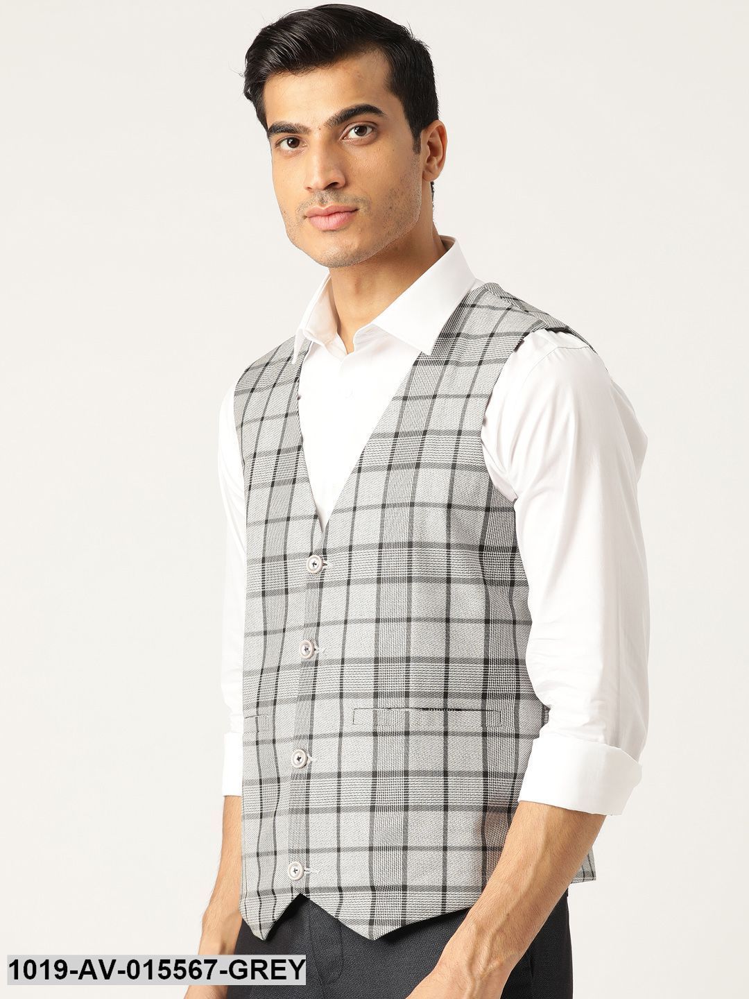 Men's Cotton Blend Grey & Black Checked Waistcoat