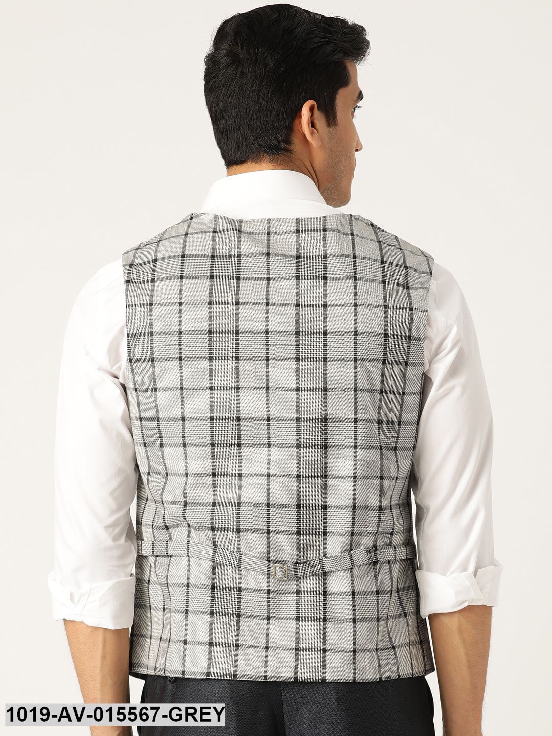Men's Cotton Blend Grey & Black Checked Waistcoat