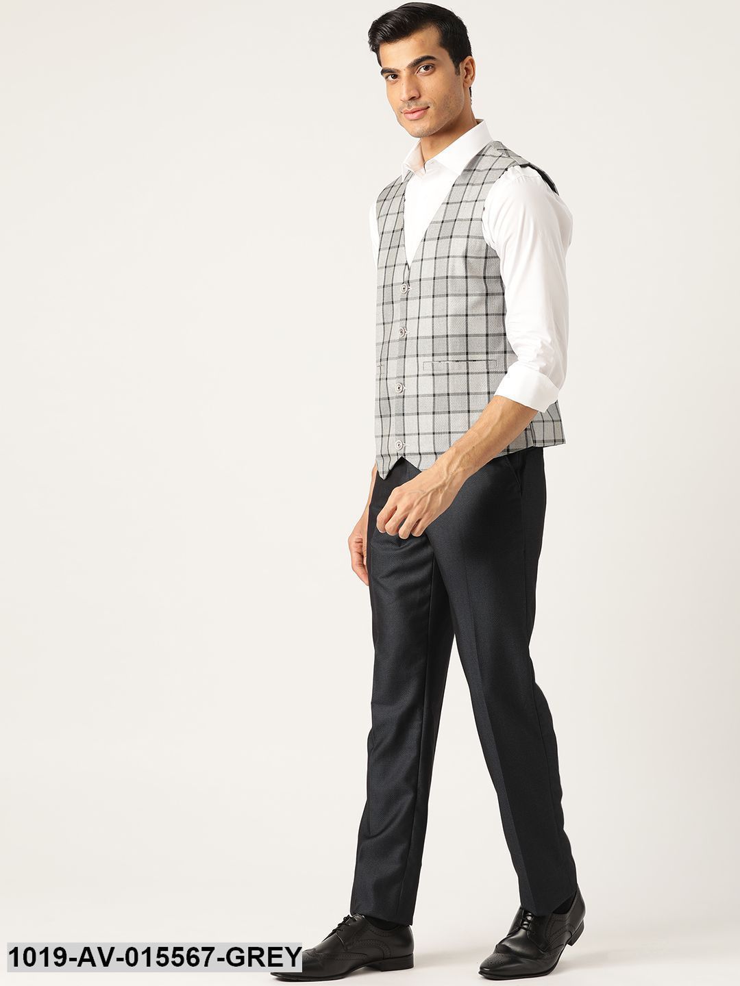 Men's Cotton Blend Grey & Black Checked Waistcoat