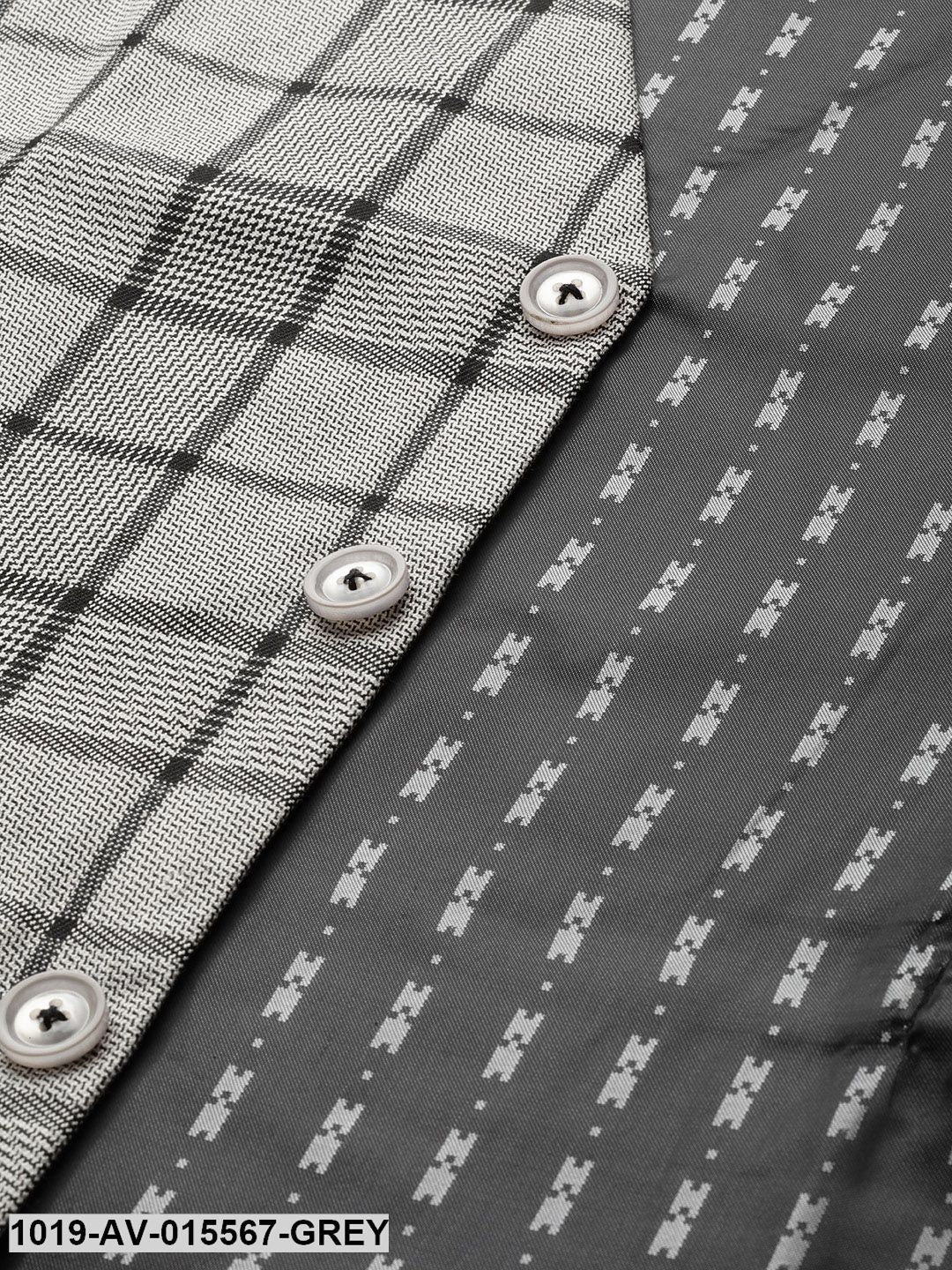 Men's Cotton Blend Grey & Black Checked Waistcoat