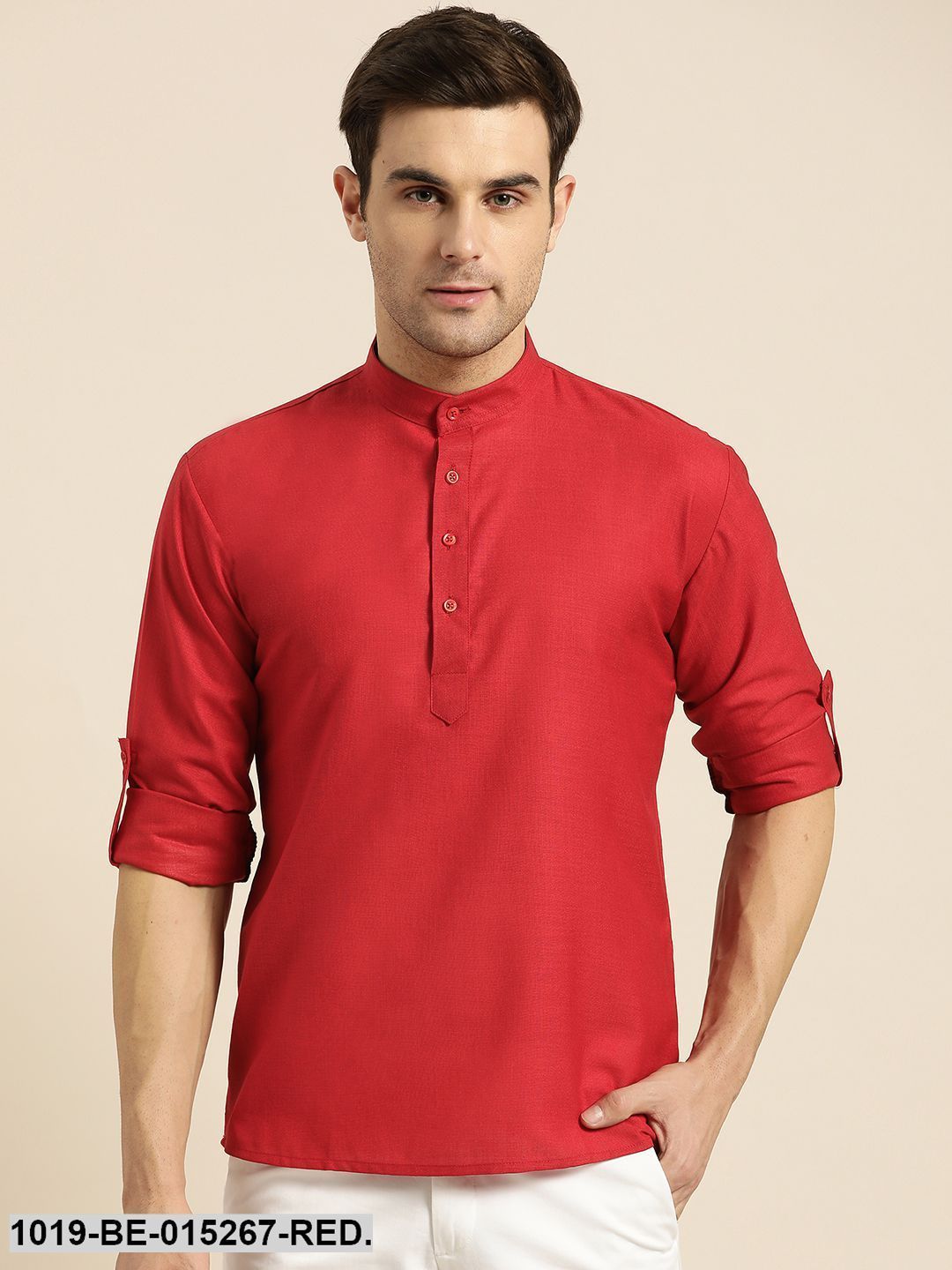 Men's Cotton Red Solid Short Kurta - Sojanya