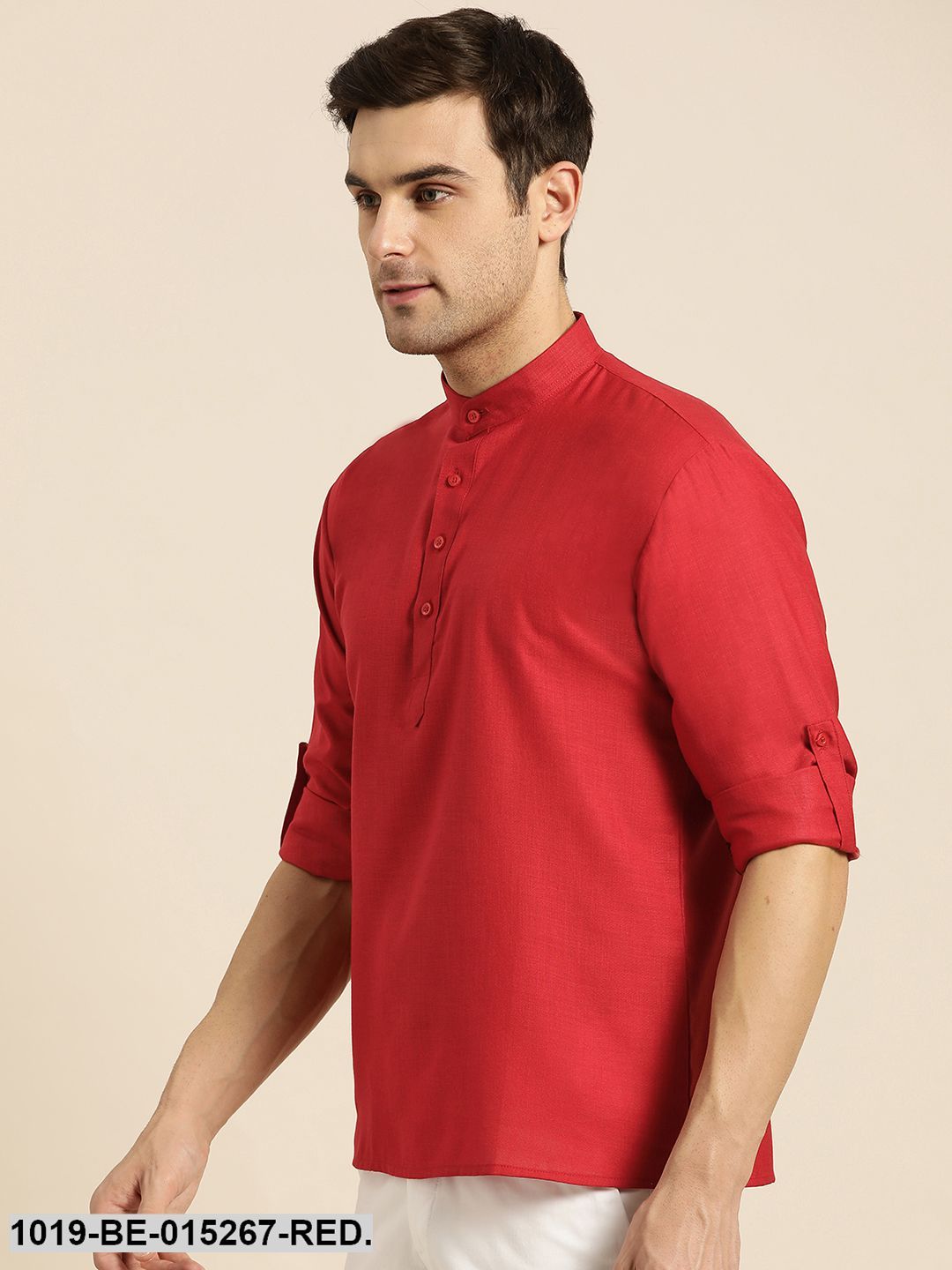 Men's Cotton Red Solid Short Kurta - Sojanya