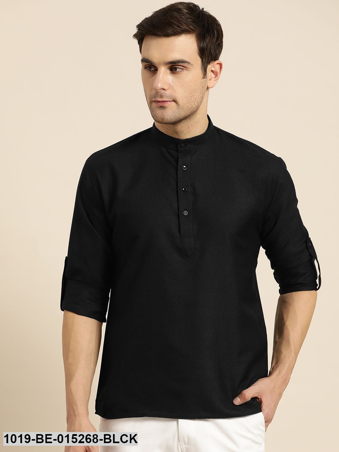 Men's Cotton Black Solid Short Kurta - Sojanya