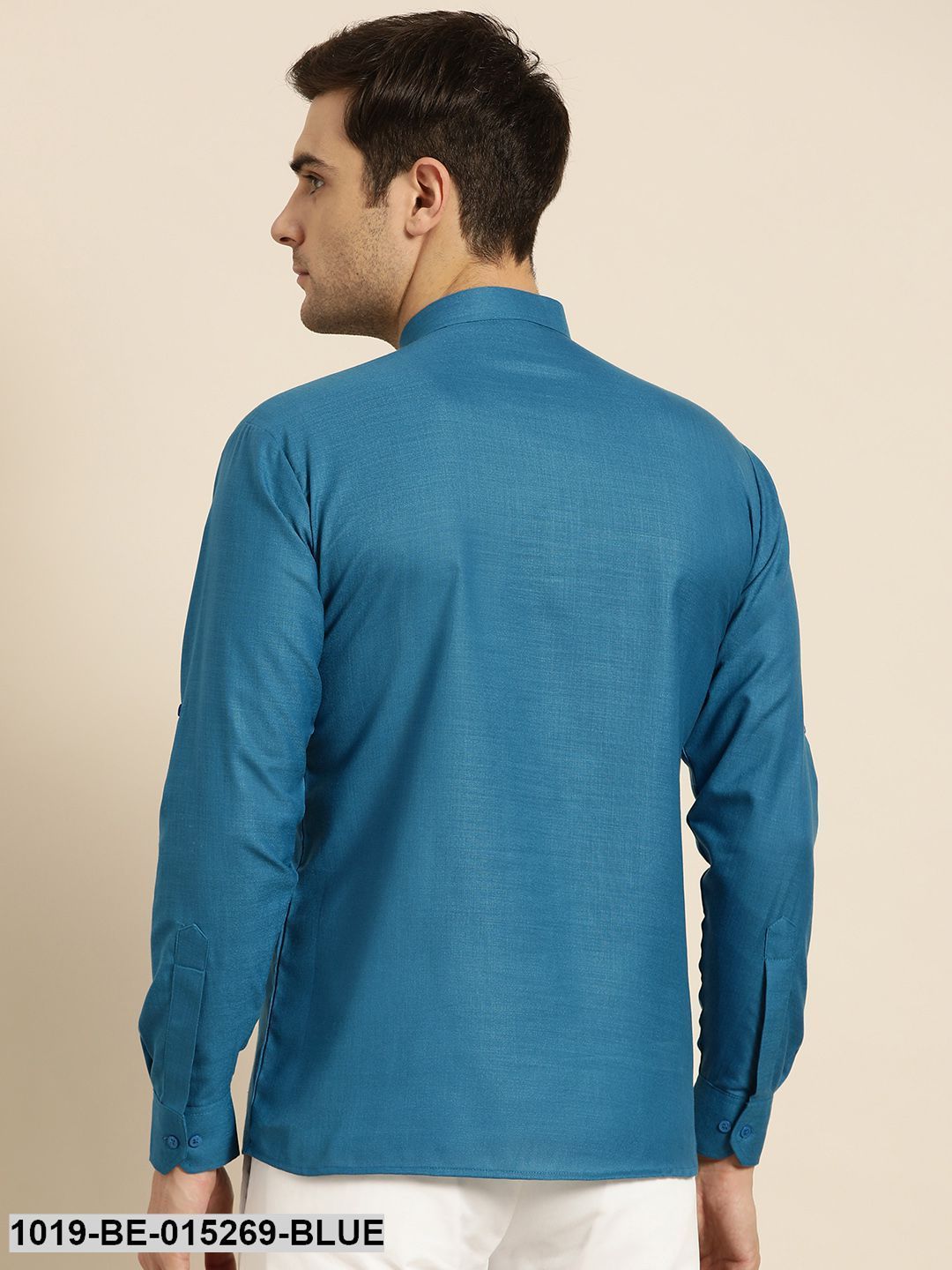 Men's Cotton Peacock Blue Solid Short Kurta - Sojanya