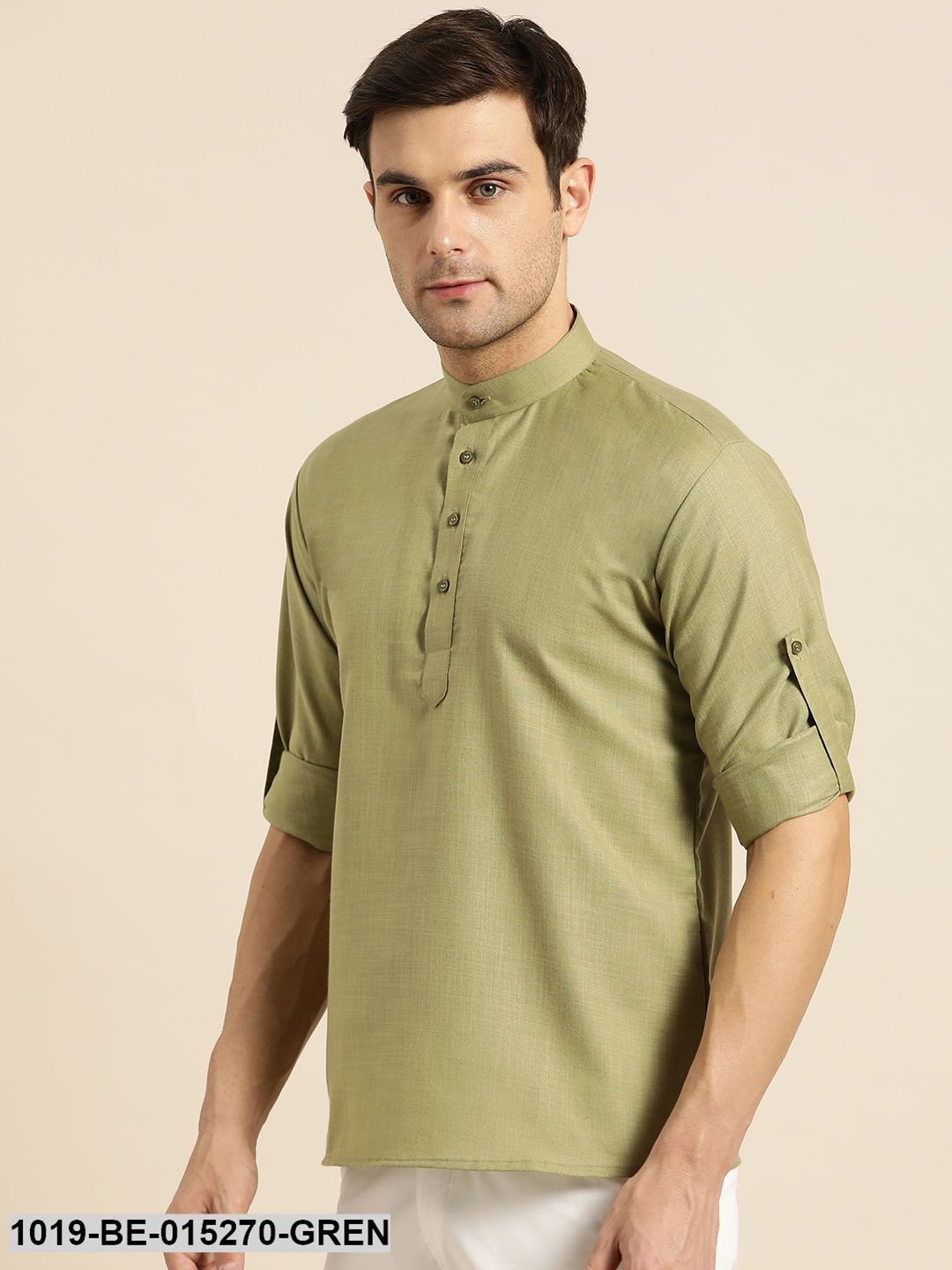 Men's Cotton Pista Green Solid Short Kurta - Sojanya