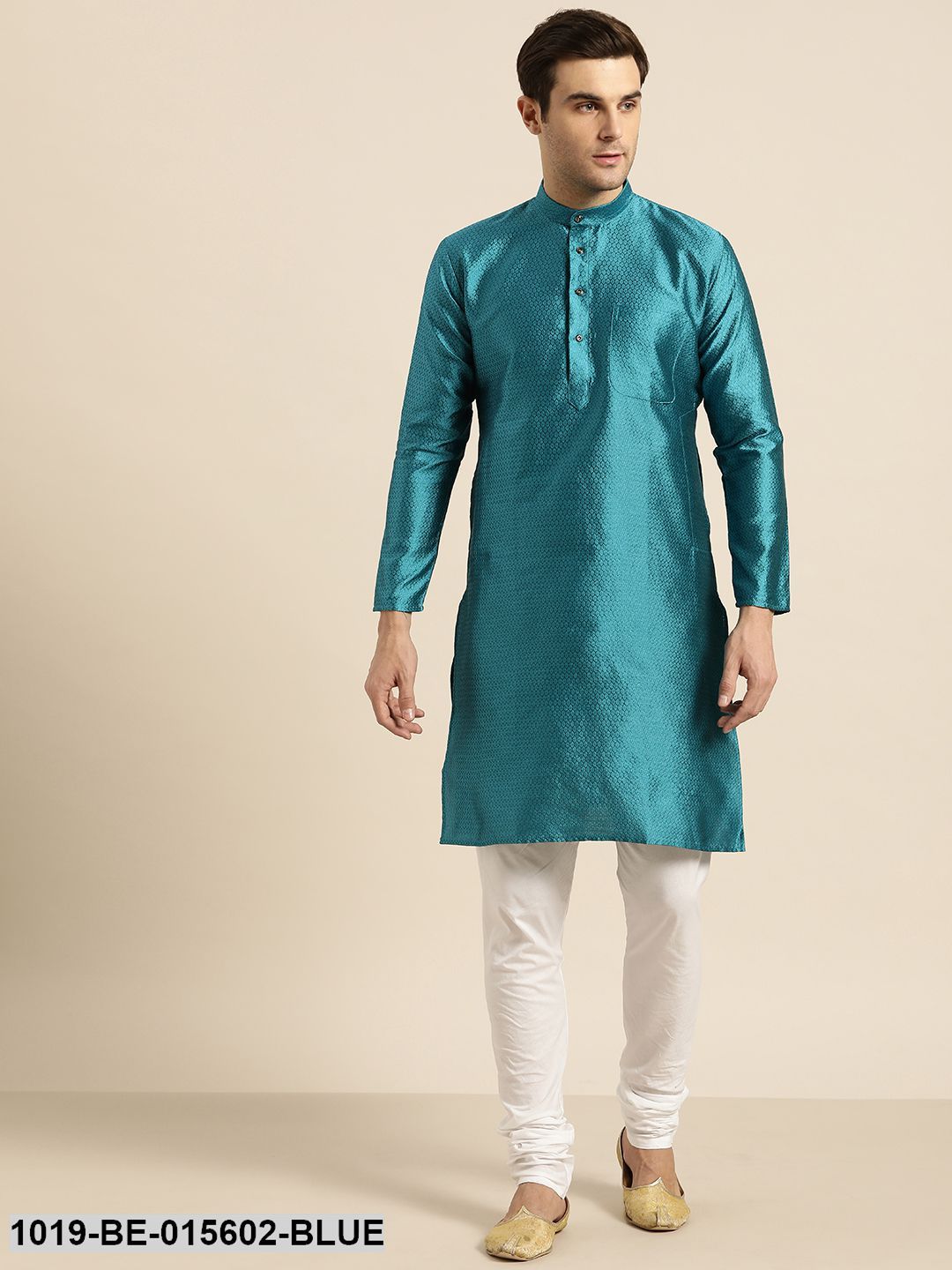 Men's Silk Blend Peacock Blue Self Design Only Kurta