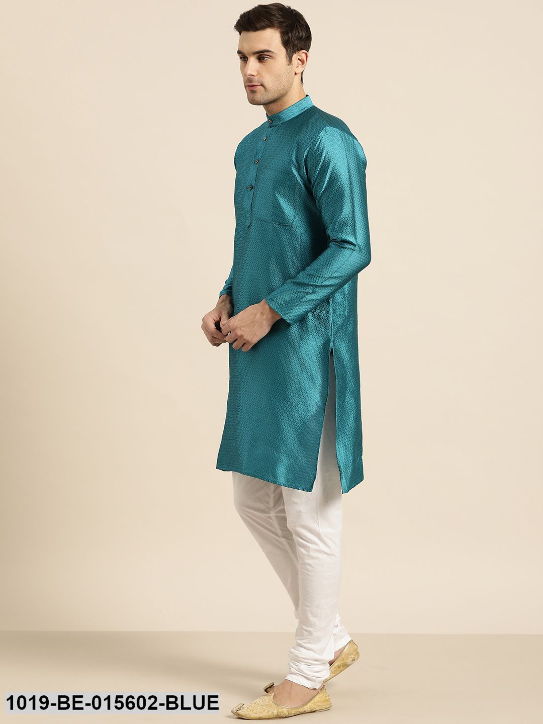 Men's Silk Blend Peacock Blue Self Design Only Kurta