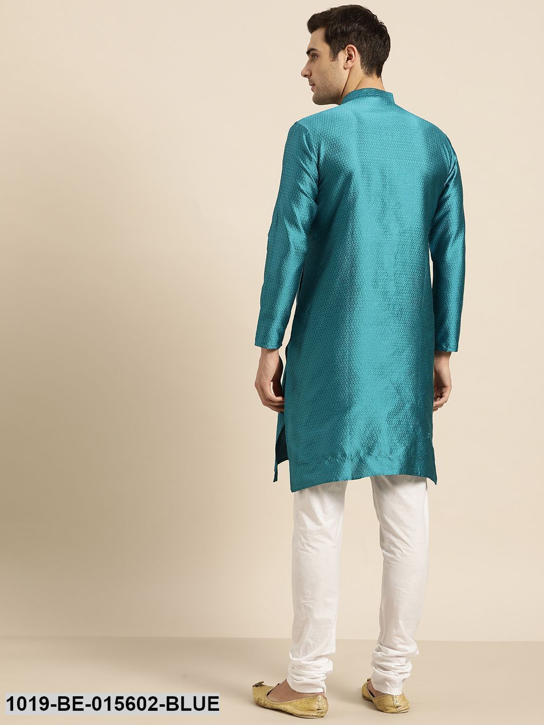 Men's Silk Blend Peacock Blue Self Design Only Kurta