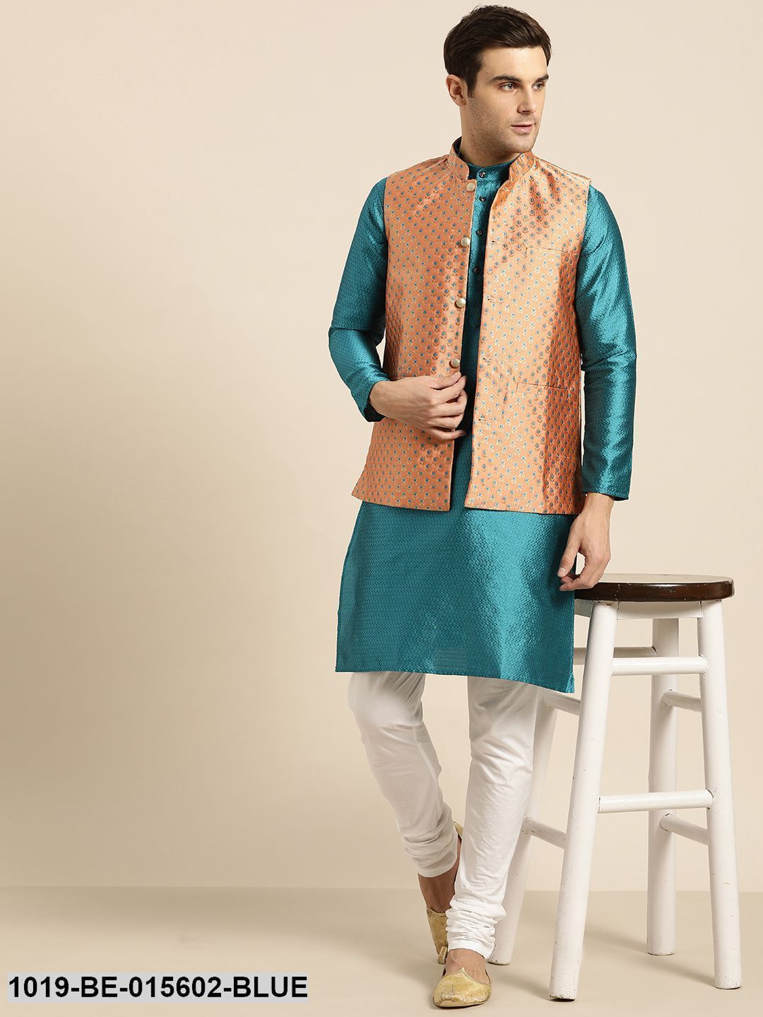Men's Silk Blend Peacock Blue Self Design Only Kurta