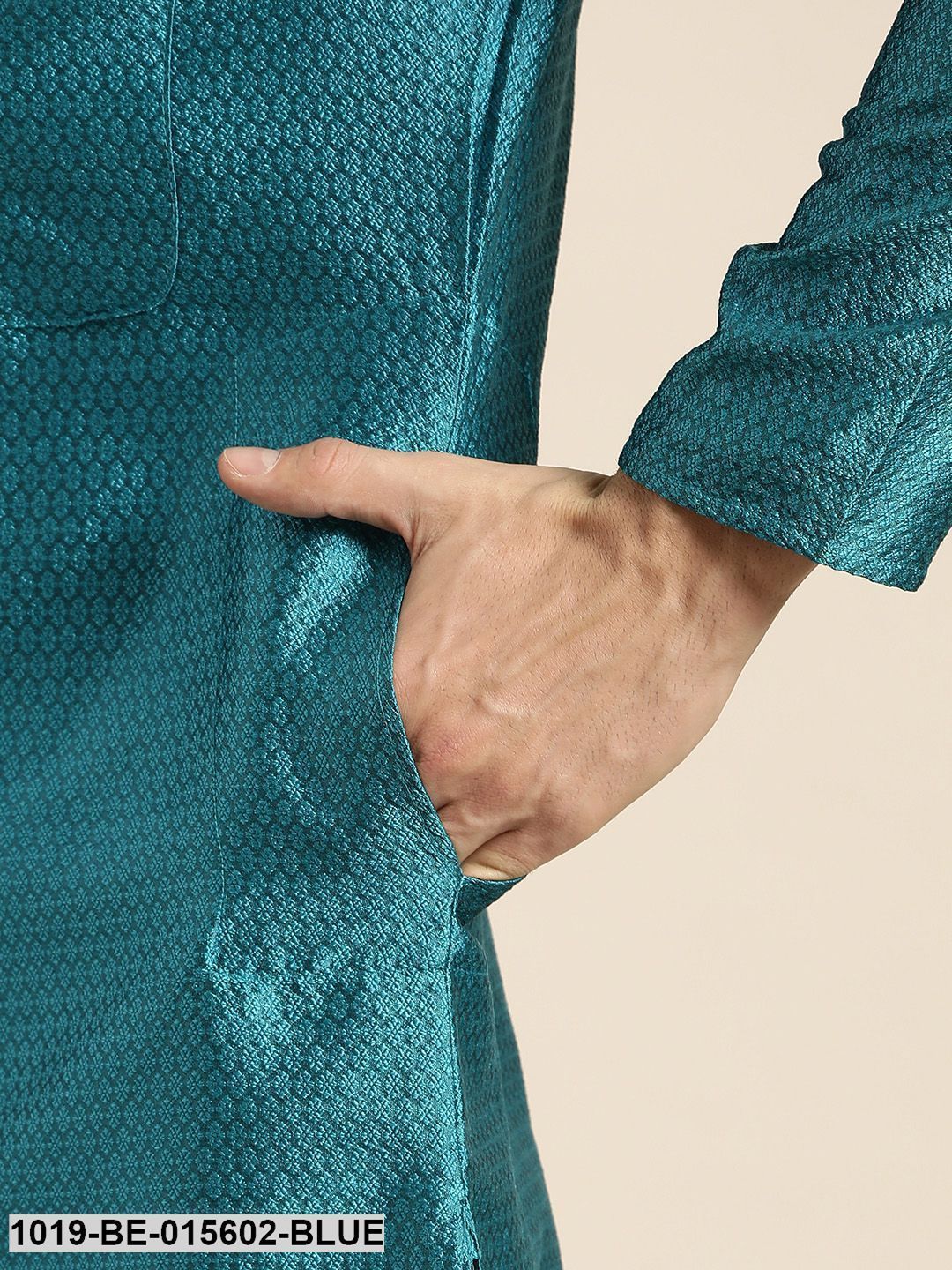 Men's Silk Blend Peacock Blue Self Design Only Kurta