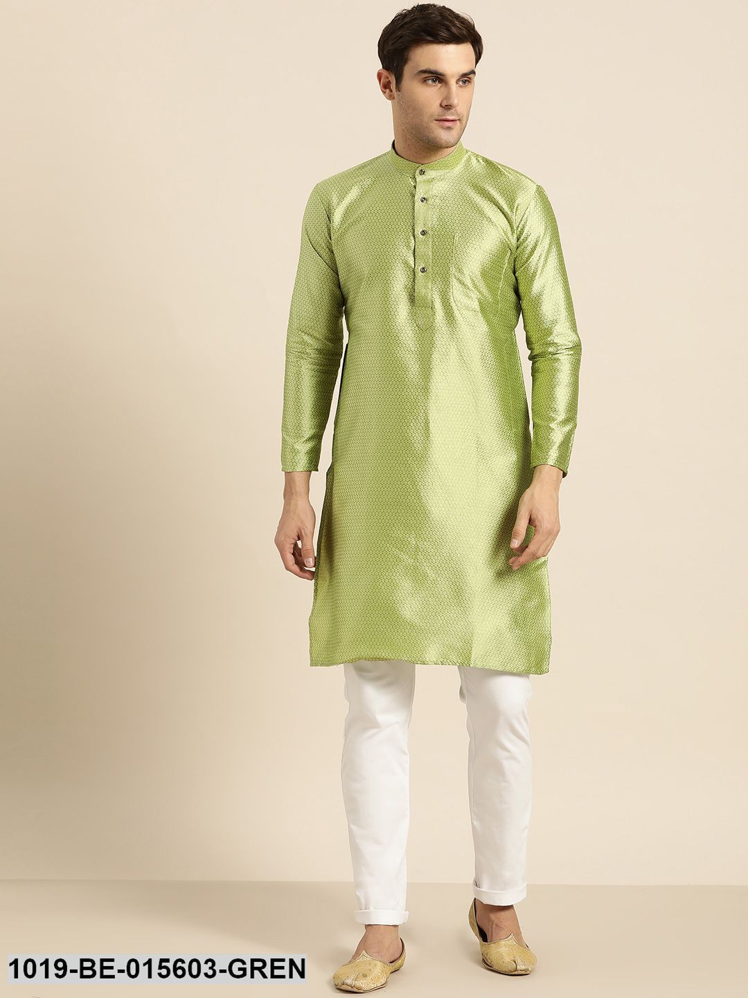 Men's Silk Blend Green Self Design Only Kurta