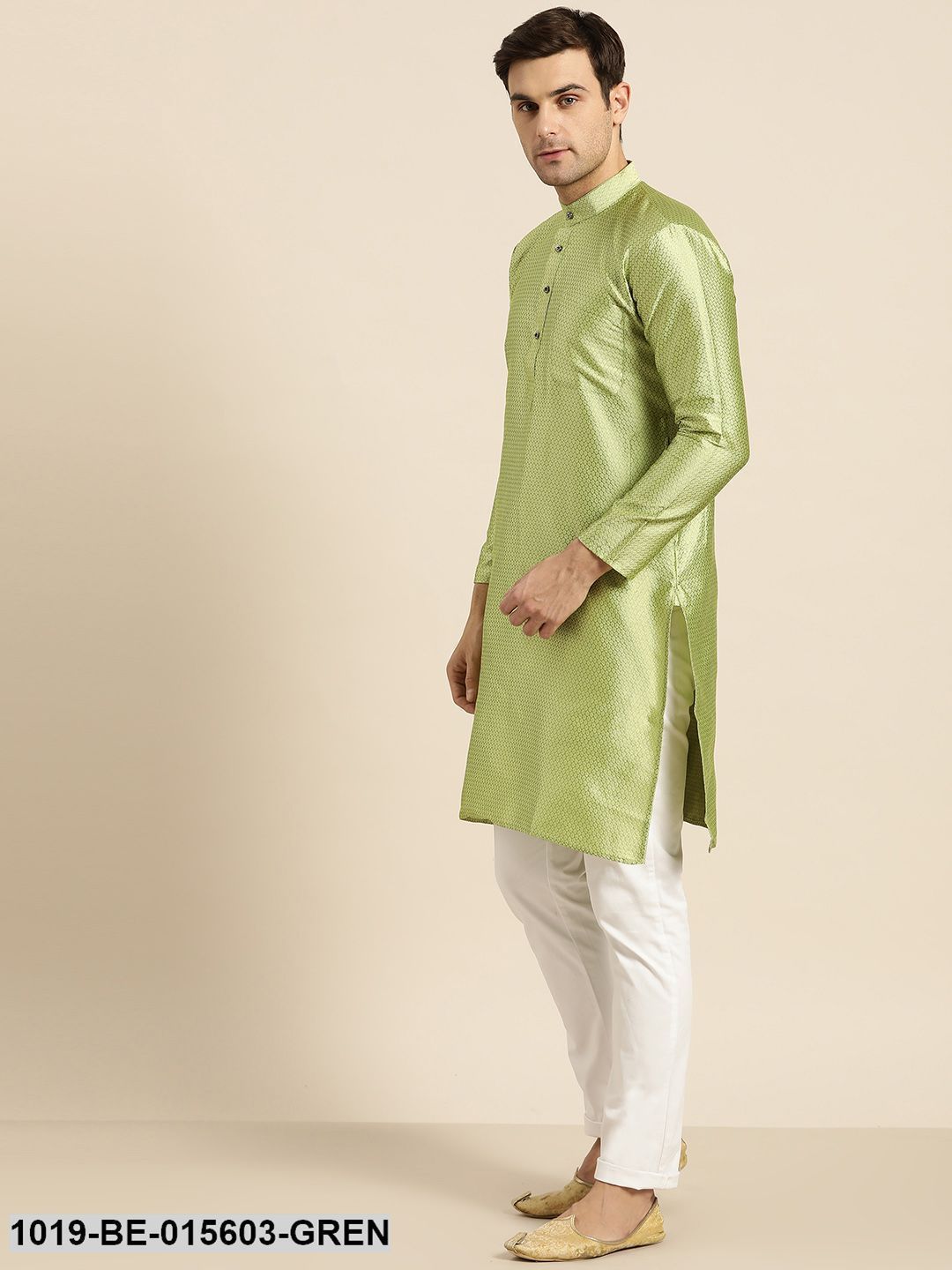 Men's Silk Blend Green Self Design Only Kurta