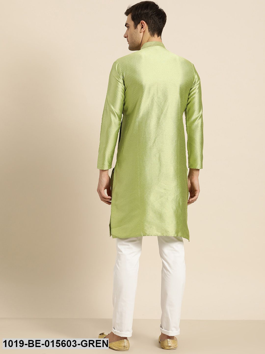 Men's Silk Blend Green Self Design Only Kurta