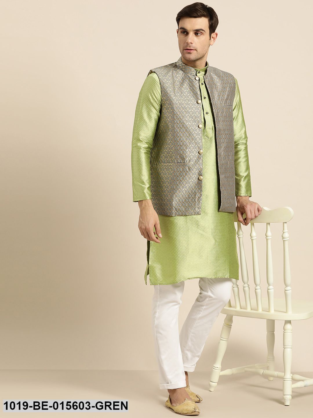 Men's Silk Blend Green Self Design Only Kurta