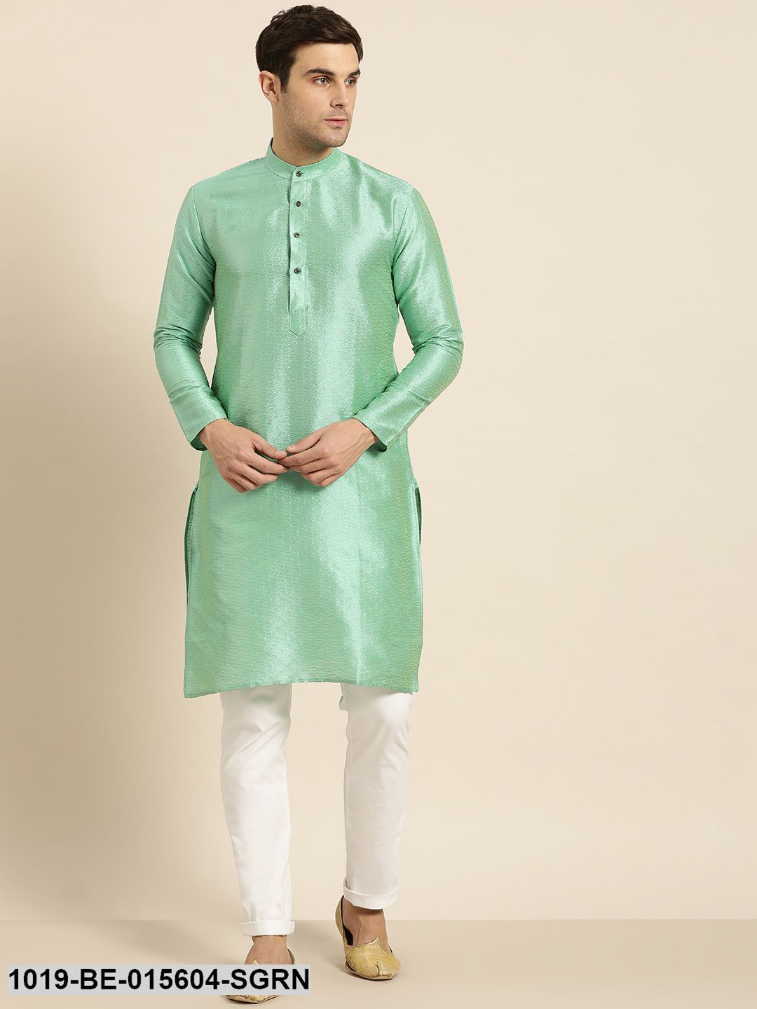 Men's Silk Blend Sea Green Self Design Only Kurta