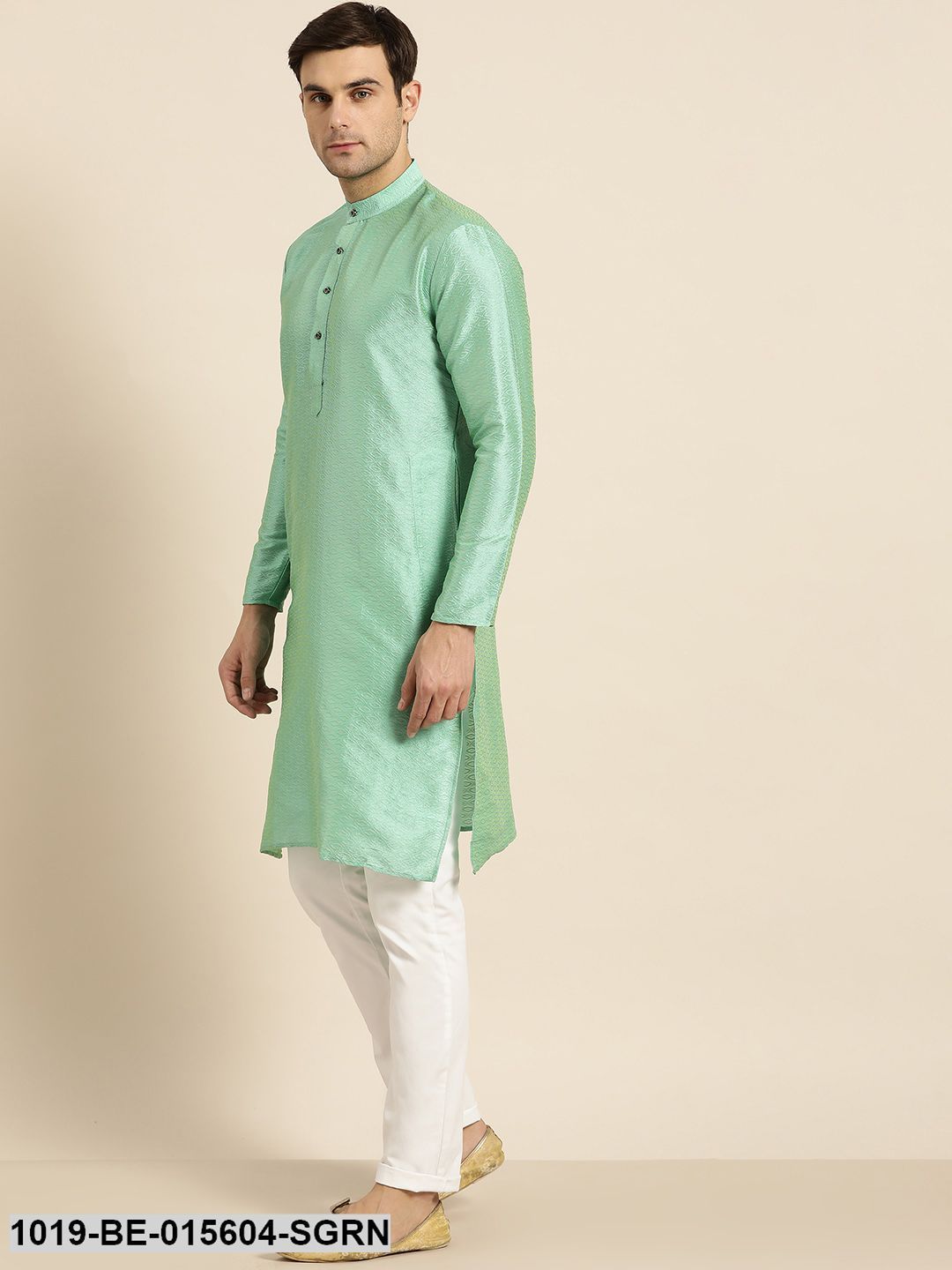Men's Silk Blend Sea Green Self Design Only Kurta