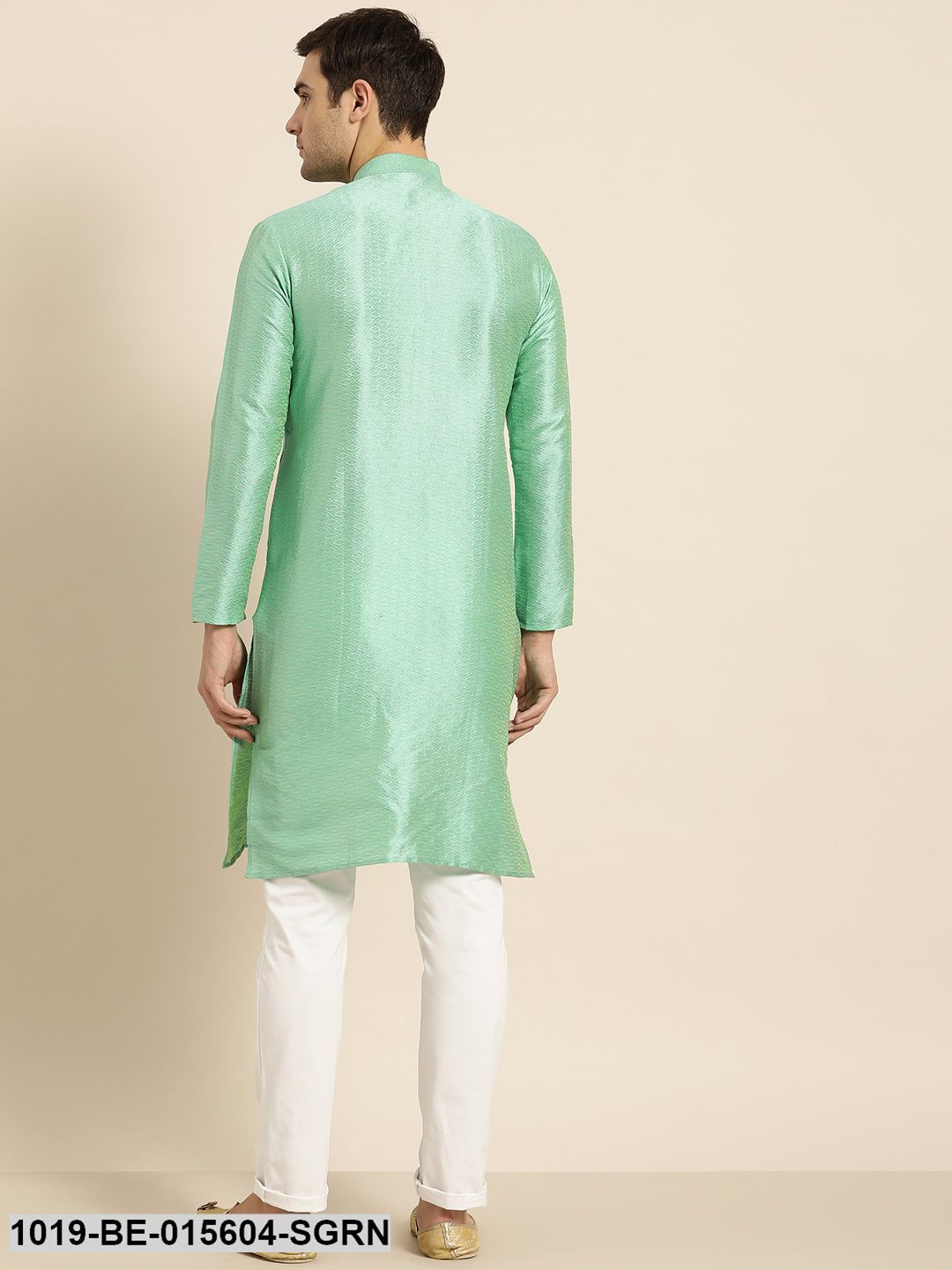Men's Silk Blend Sea Green Self Design Only Kurta