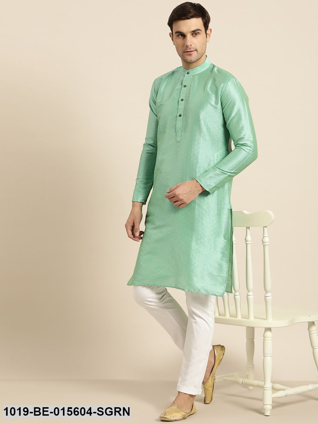 Men's Silk Blend Sea Green Self Design Only Kurta