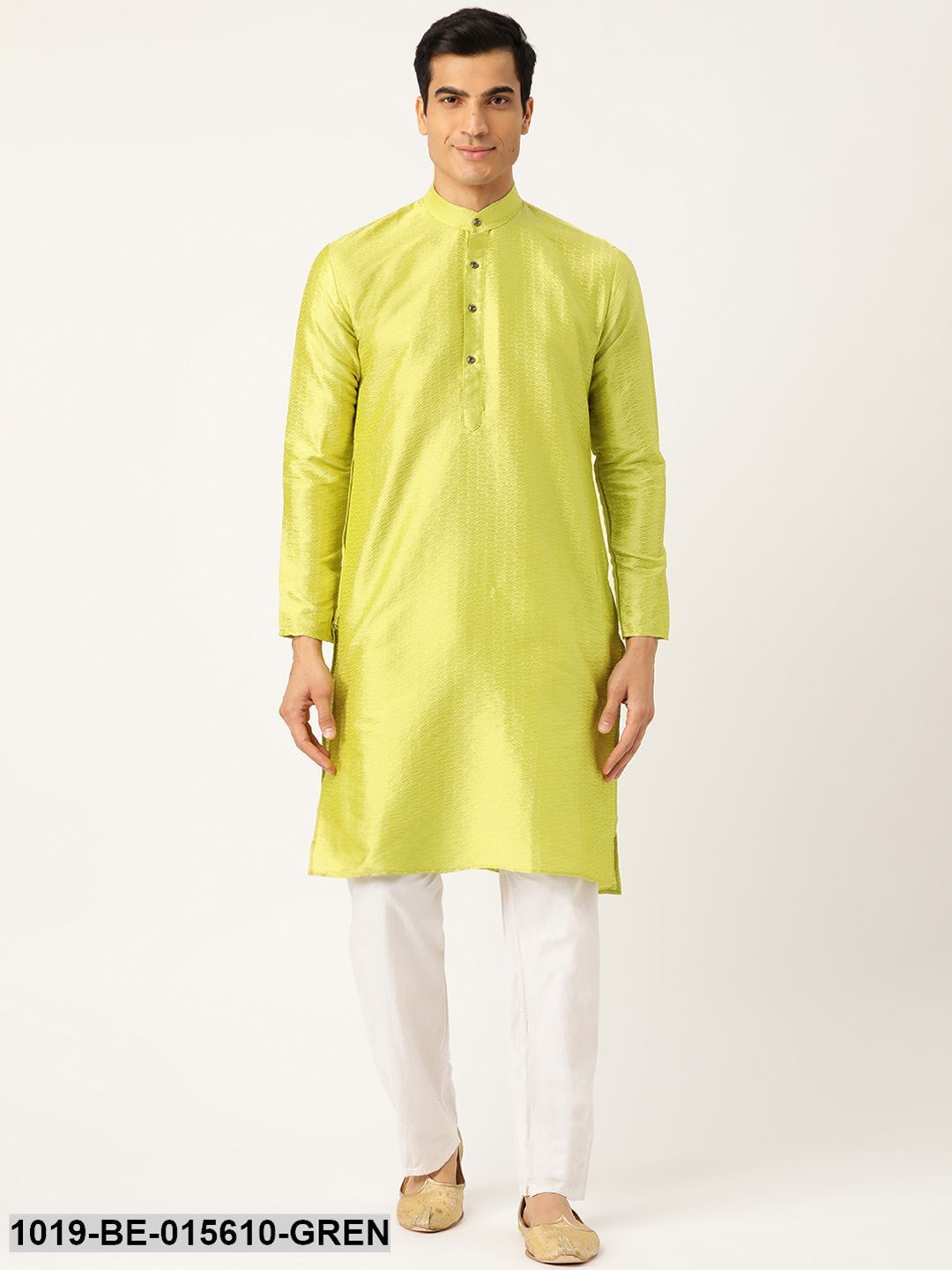 Men's Silk Blend Green Self Design Only Kurta