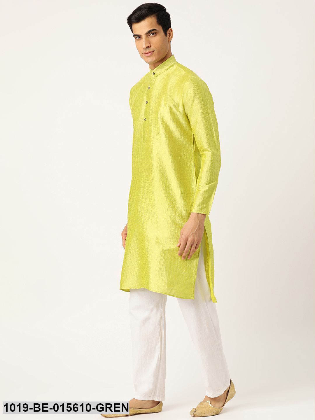 Men's Silk Blend Green Self Design Only Kurta