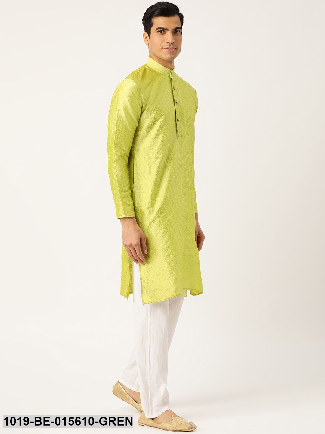 Men's Silk Blend Green Self Design Only Kurta