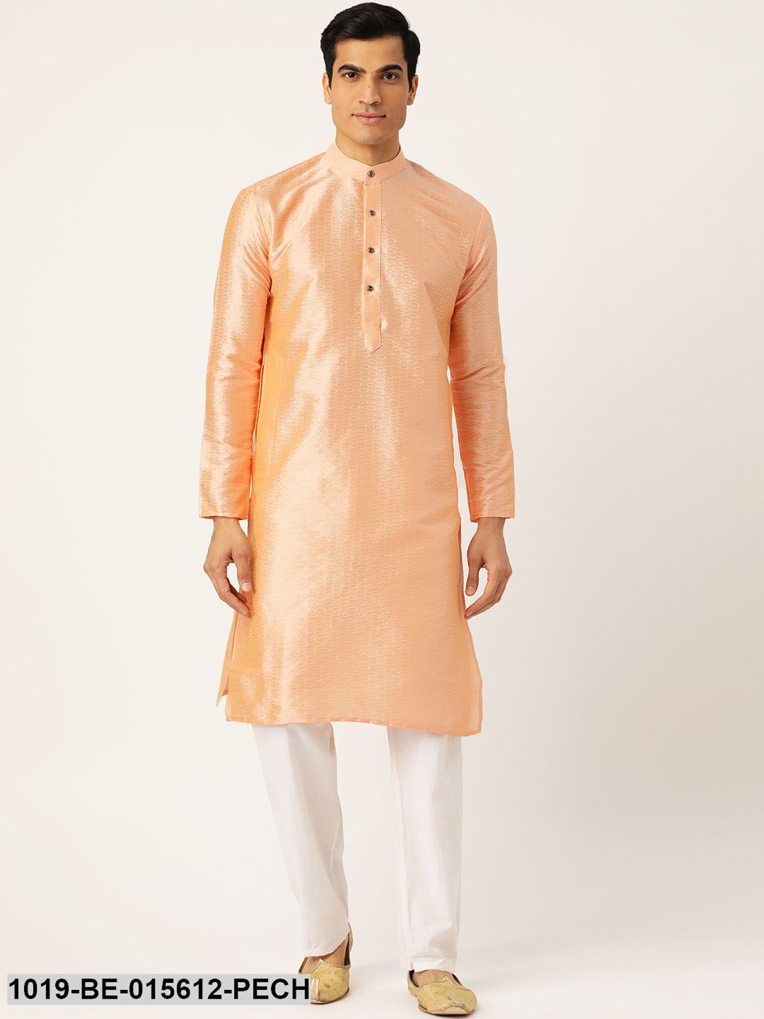 Men's Silk Blend Peach Self Design Only Kurta