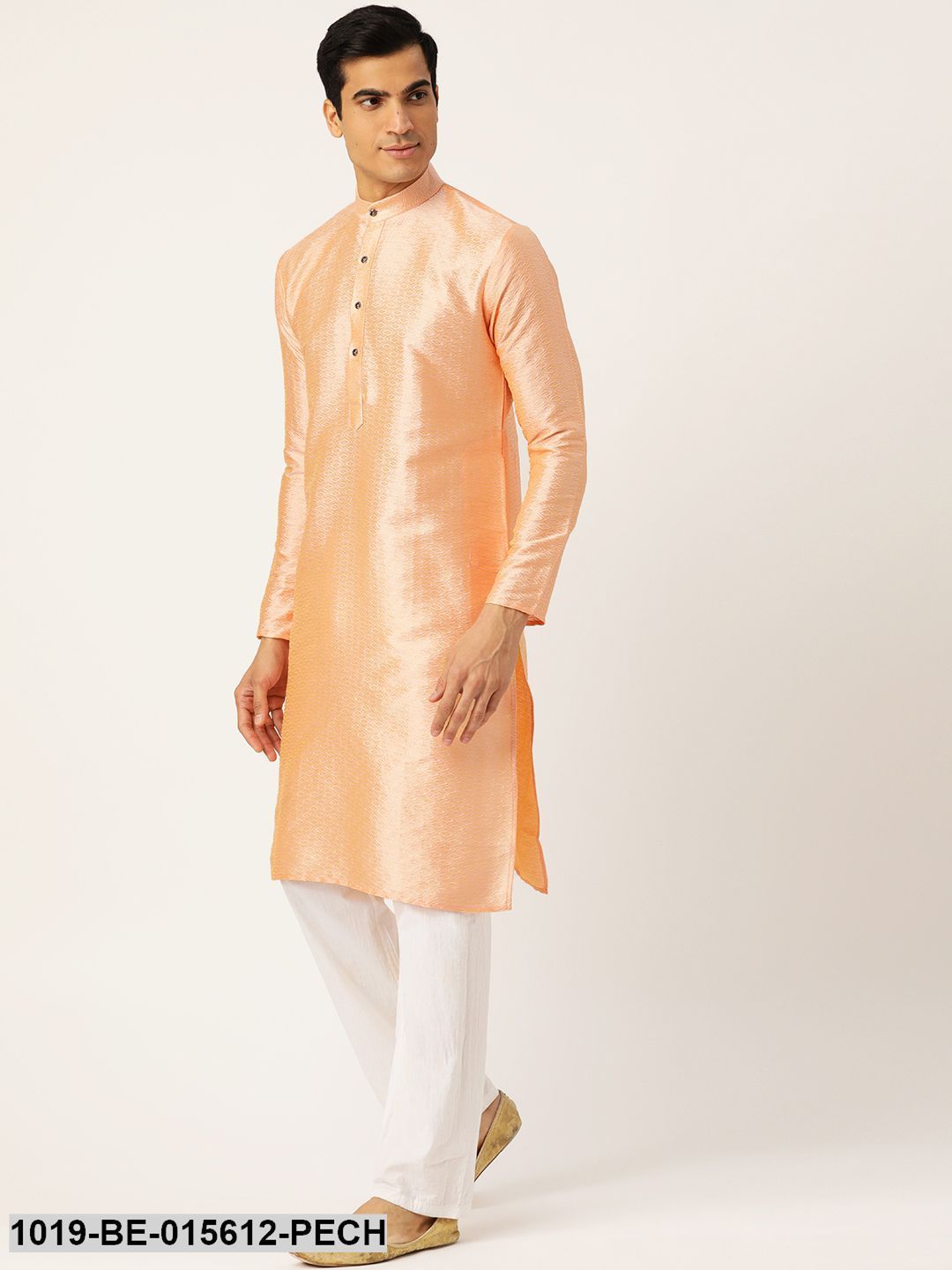 Men's Silk Blend Peach Self Design Only Kurta