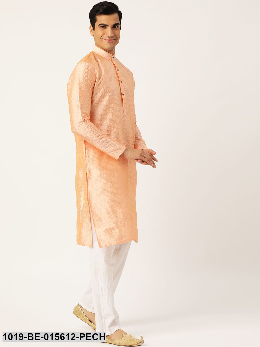 Men's Silk Blend Peach Self Design Only Kurta