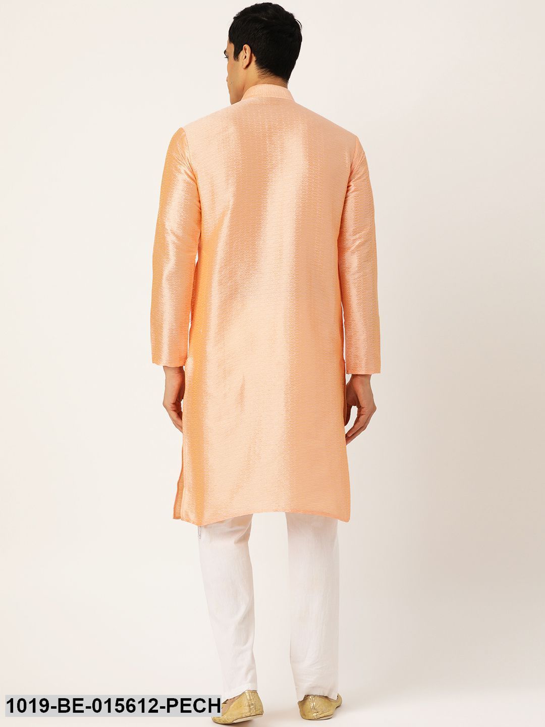 Men's Silk Blend Peach Self Design Only Kurta